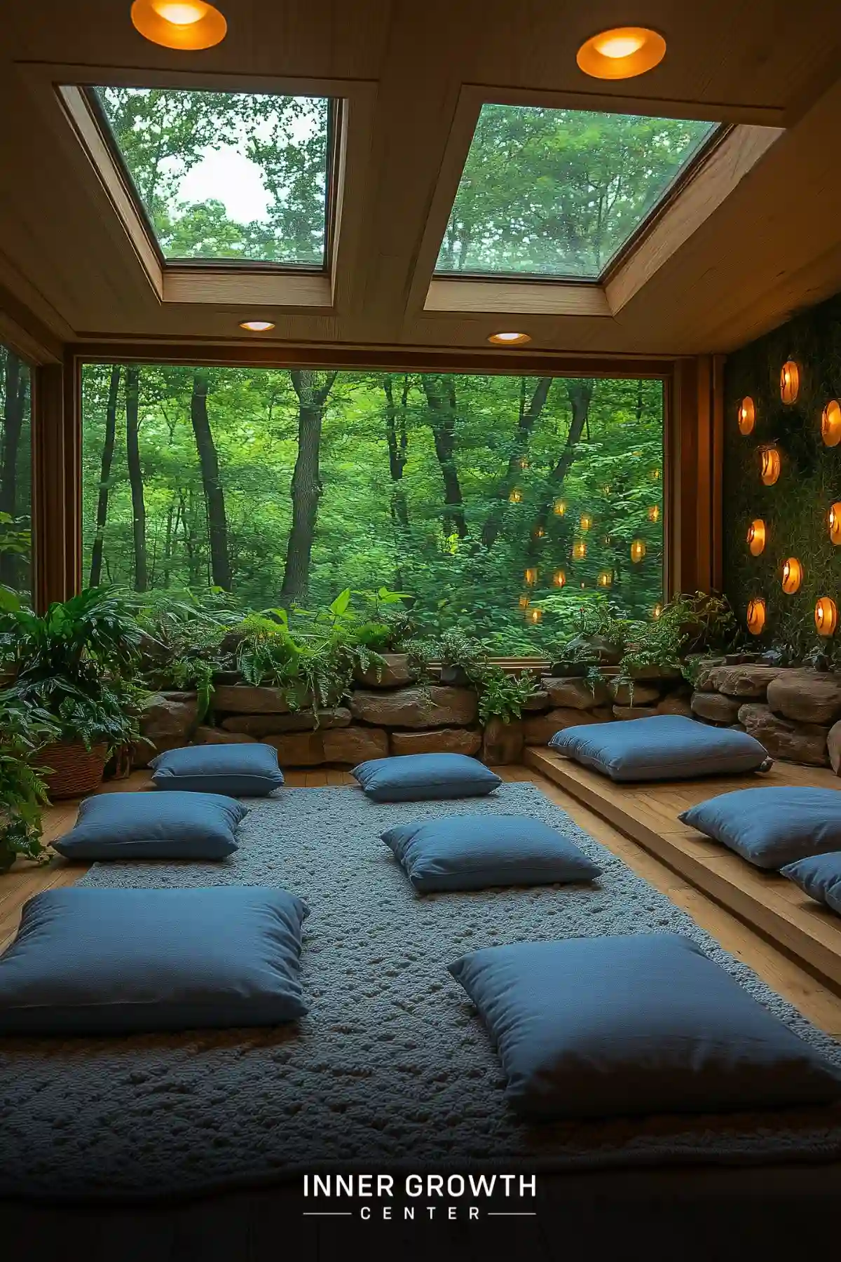 A cozy meditation room with large windows overlooking a lush forest, featuring floor cushions and ambient lighting.