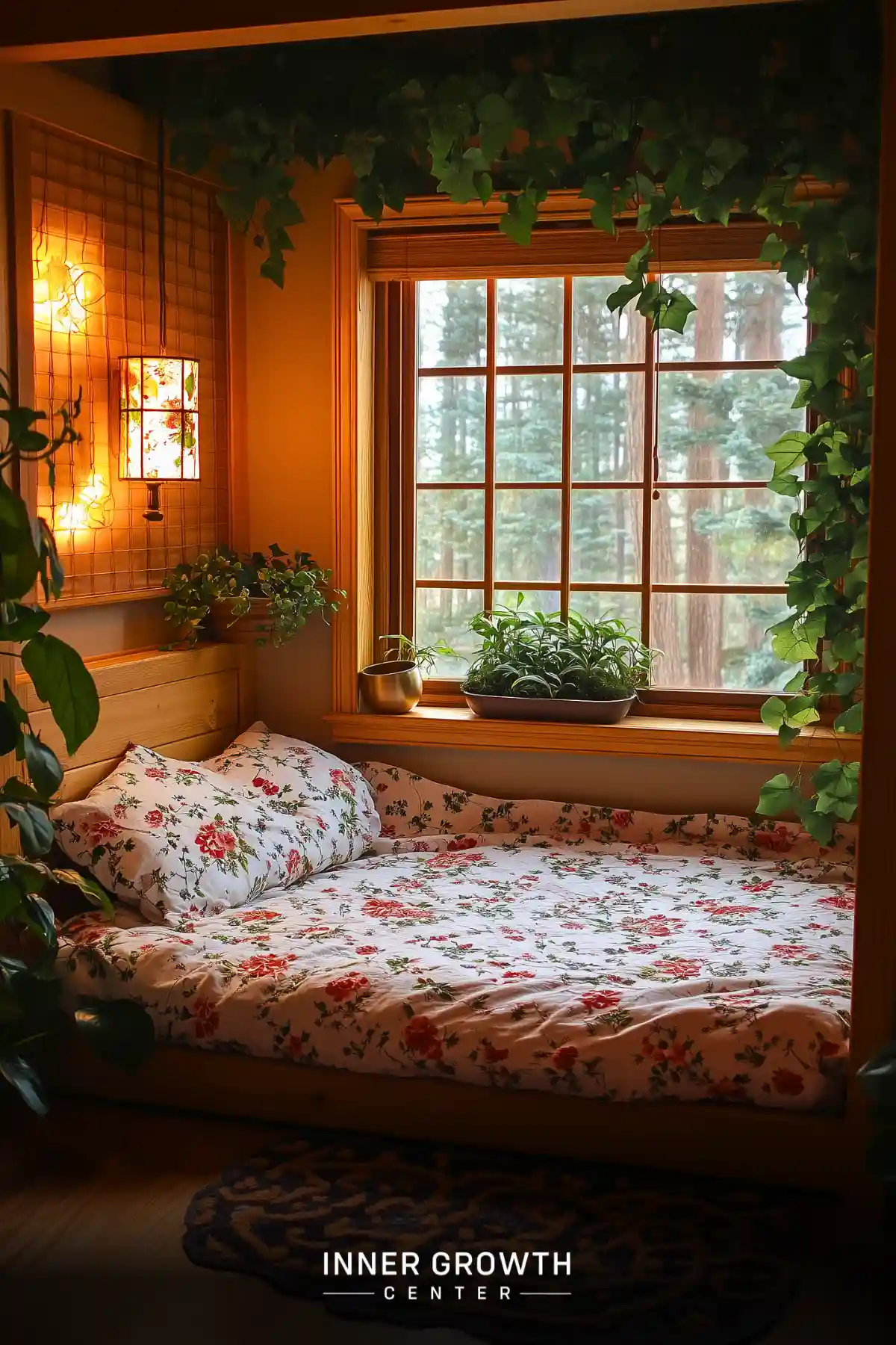 Cozy window seat with floral bedding, surrounded by plants and overlooking a forest.