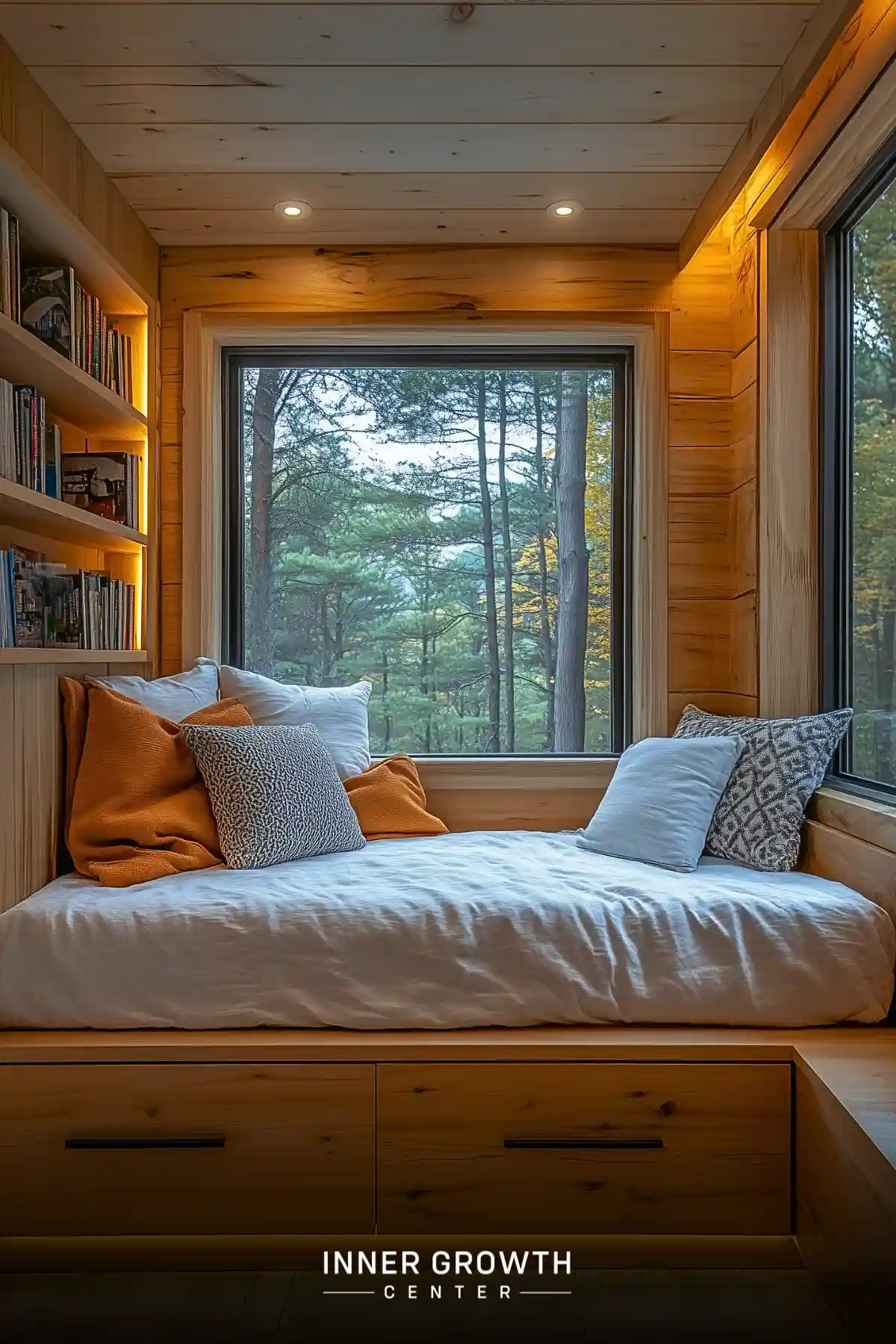 A corner daybed with pine paneling features white bedding, orange and patterned gray pillows, illuminated bookshelves, and windows overlooking pine trees.