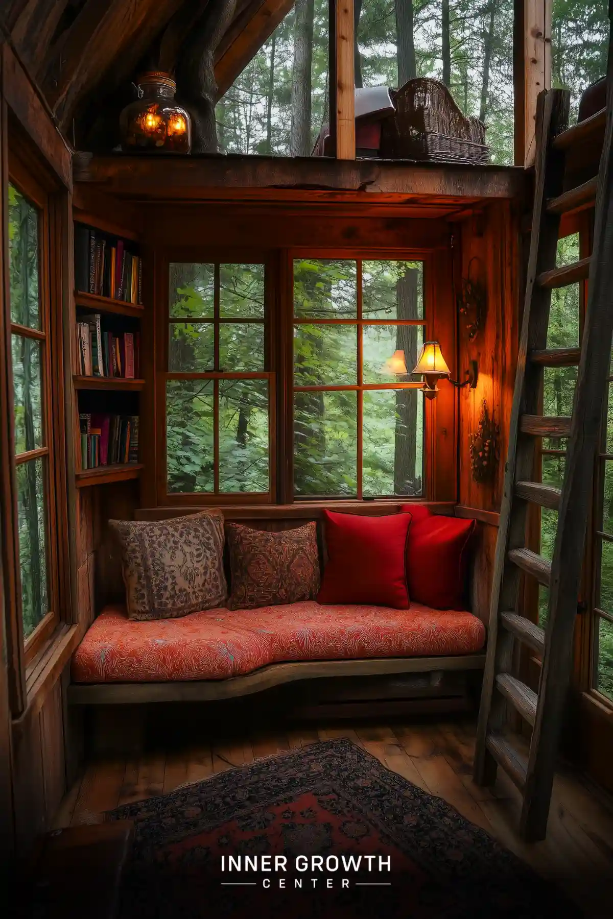 Cozy wooden reading nook with large windows overlooking a lush forest, featuring a cushioned bench and bookshelves.