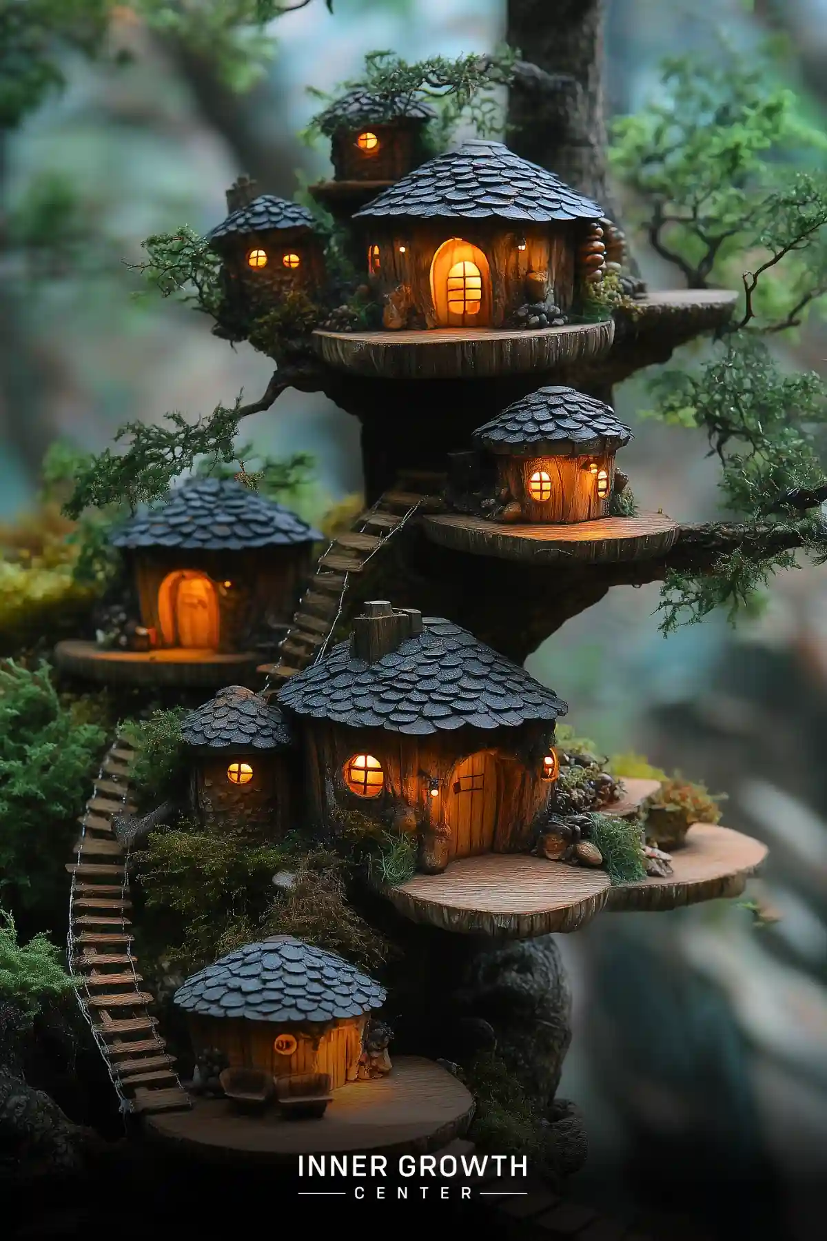 A miniature woodland village with multiple illuminated cottages connected by wooden ladders, set on tiered platforms among tree branches.