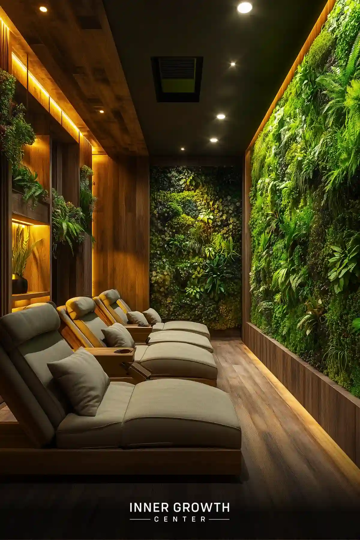 Luxurious relaxation room with comfortable recliners bordered by living green walls and warm wood paneling with ambient lighting.