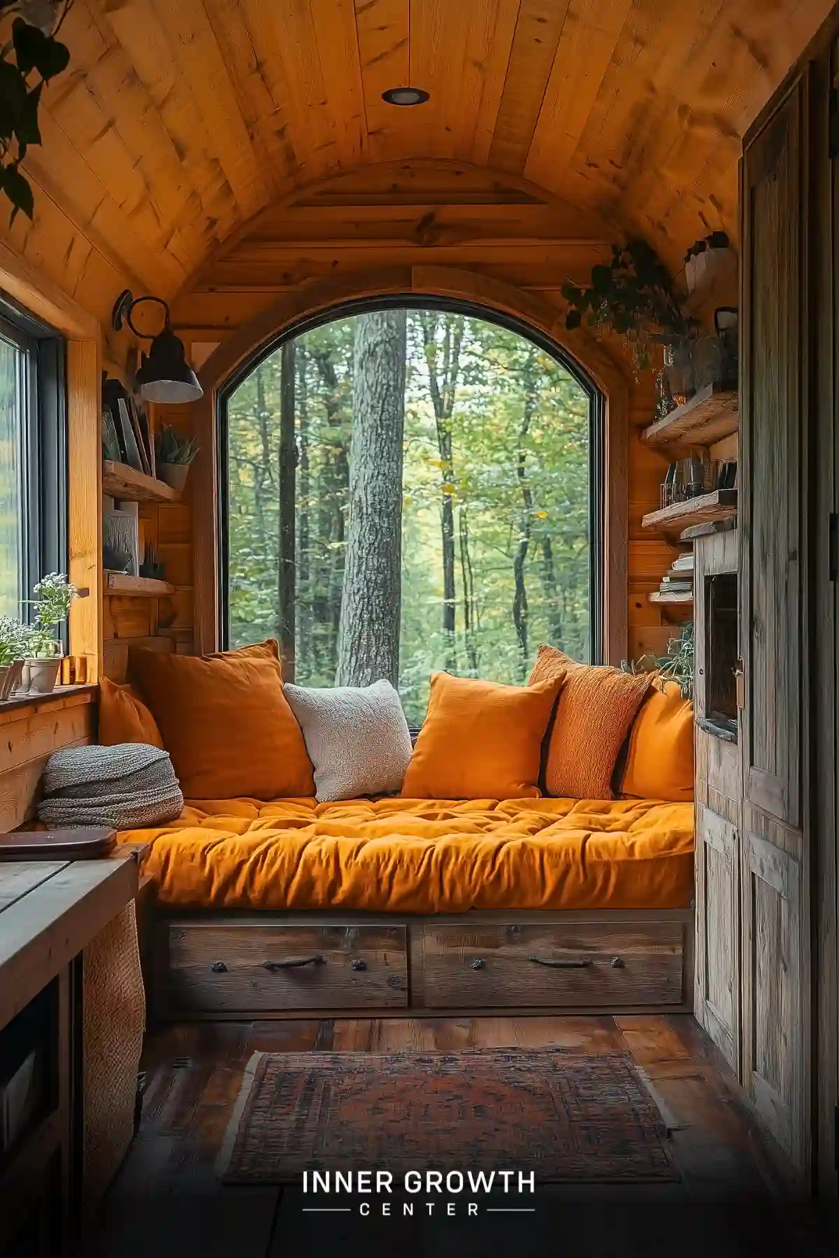 A wooden alcove with orange cushions and built-in shelving creates a serene meditation space overlooking a forest through an arched window