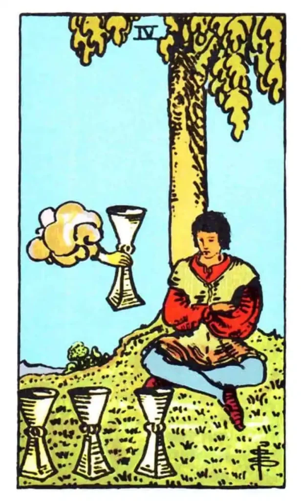 A man sits under a tree with 3 cups and a 4th being handed to him as the 4 of Cups tarot card.