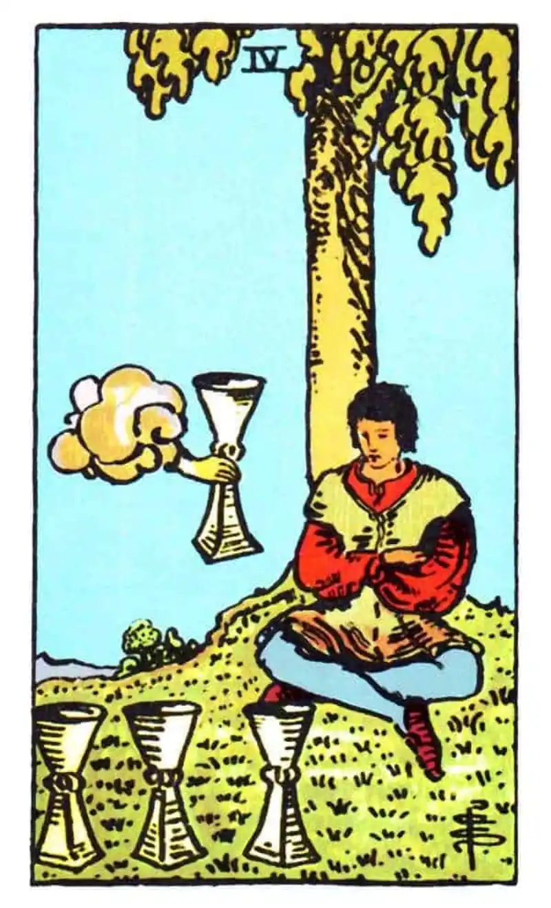 A cup emerges from a cloud to a person sitting under a tree with cups, as the four of cups tarot card.