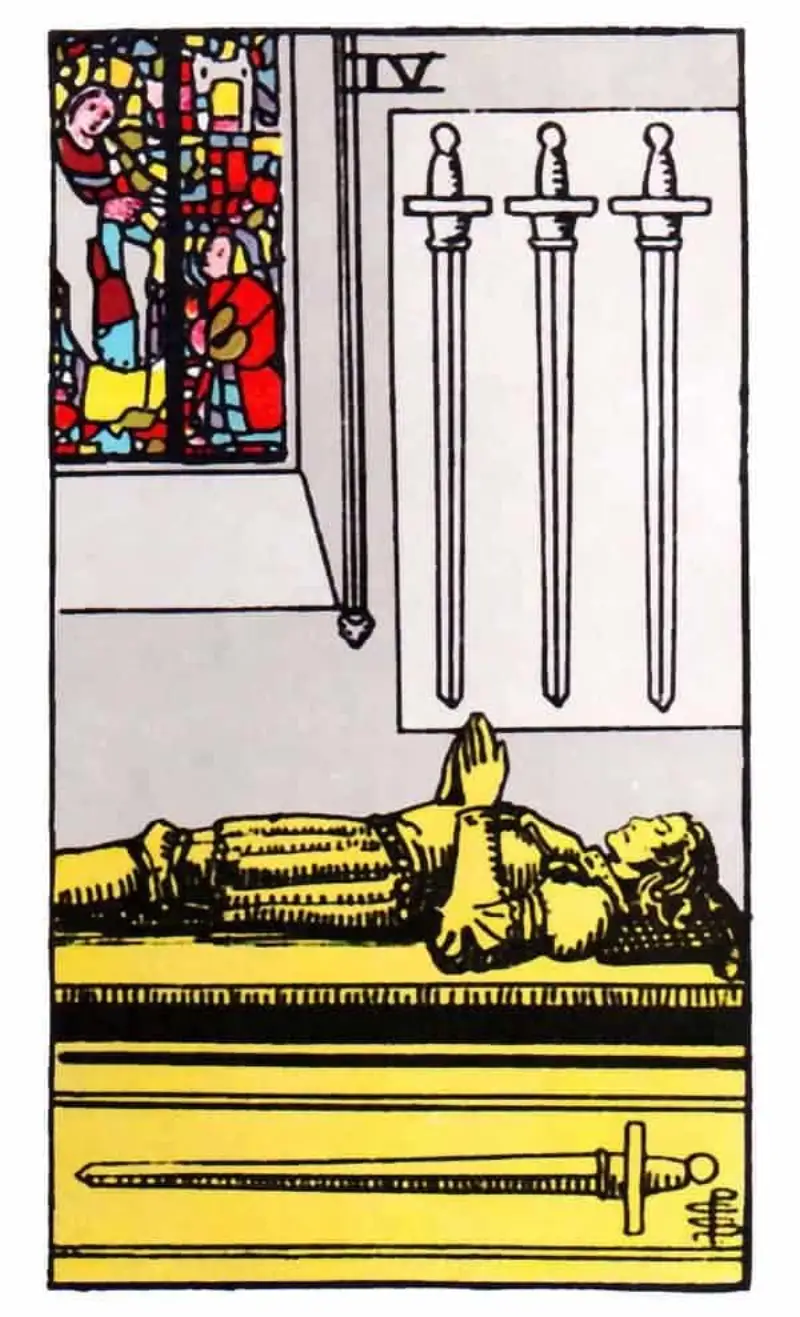 A figure lying down with swords above as the four of swords tarot card.