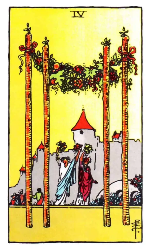 4 of wands tarot card with two people standing beneath a canopy made of four wands