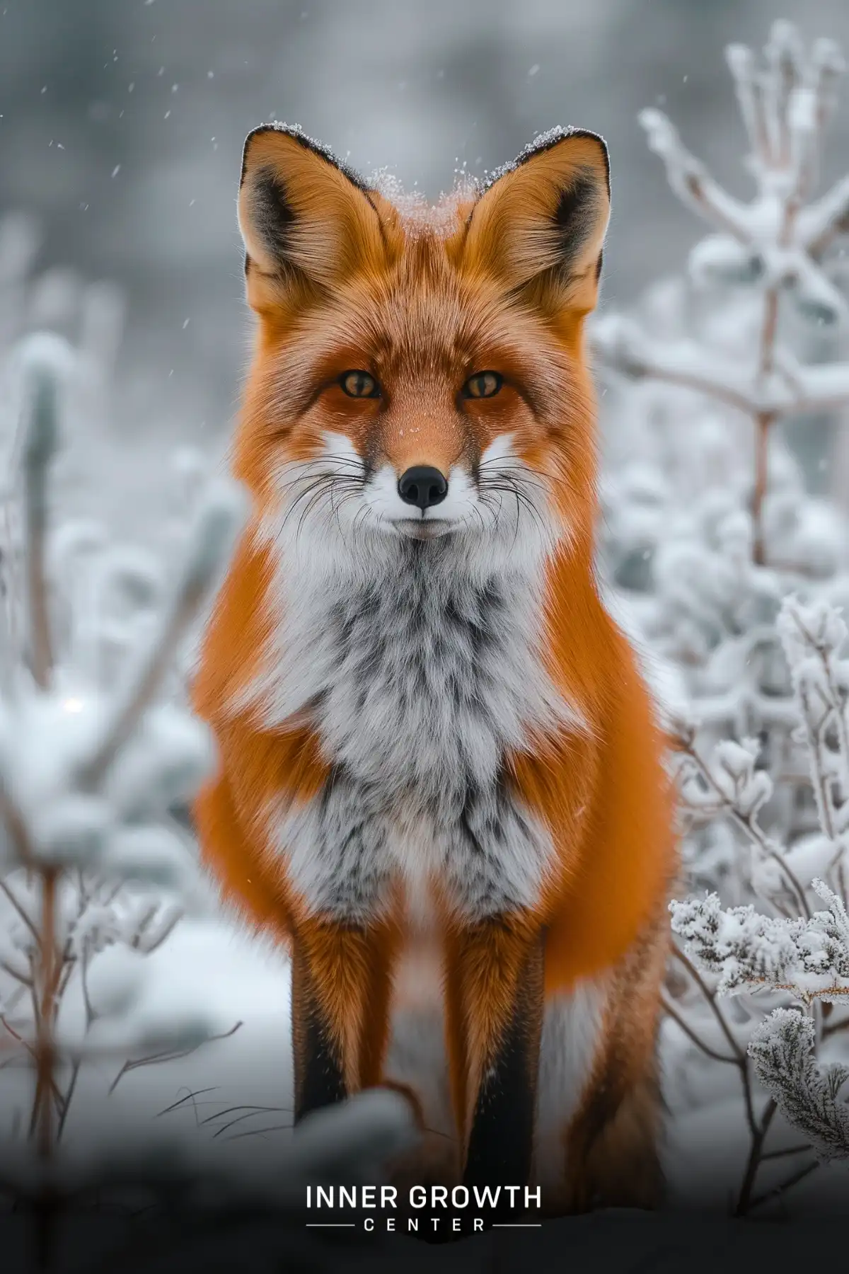 A red fox with piercing eyes stands alert in a snowy winter landscape.