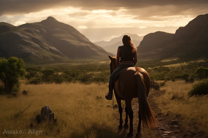 A woman on horseback in the country symbolising a free spirit.