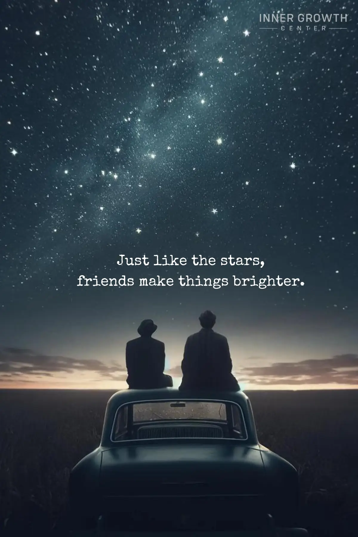 Two friends sitting on a car, looking at the bright stars.