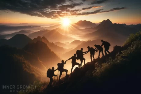 A group of friends helping each other climb up a mountain.