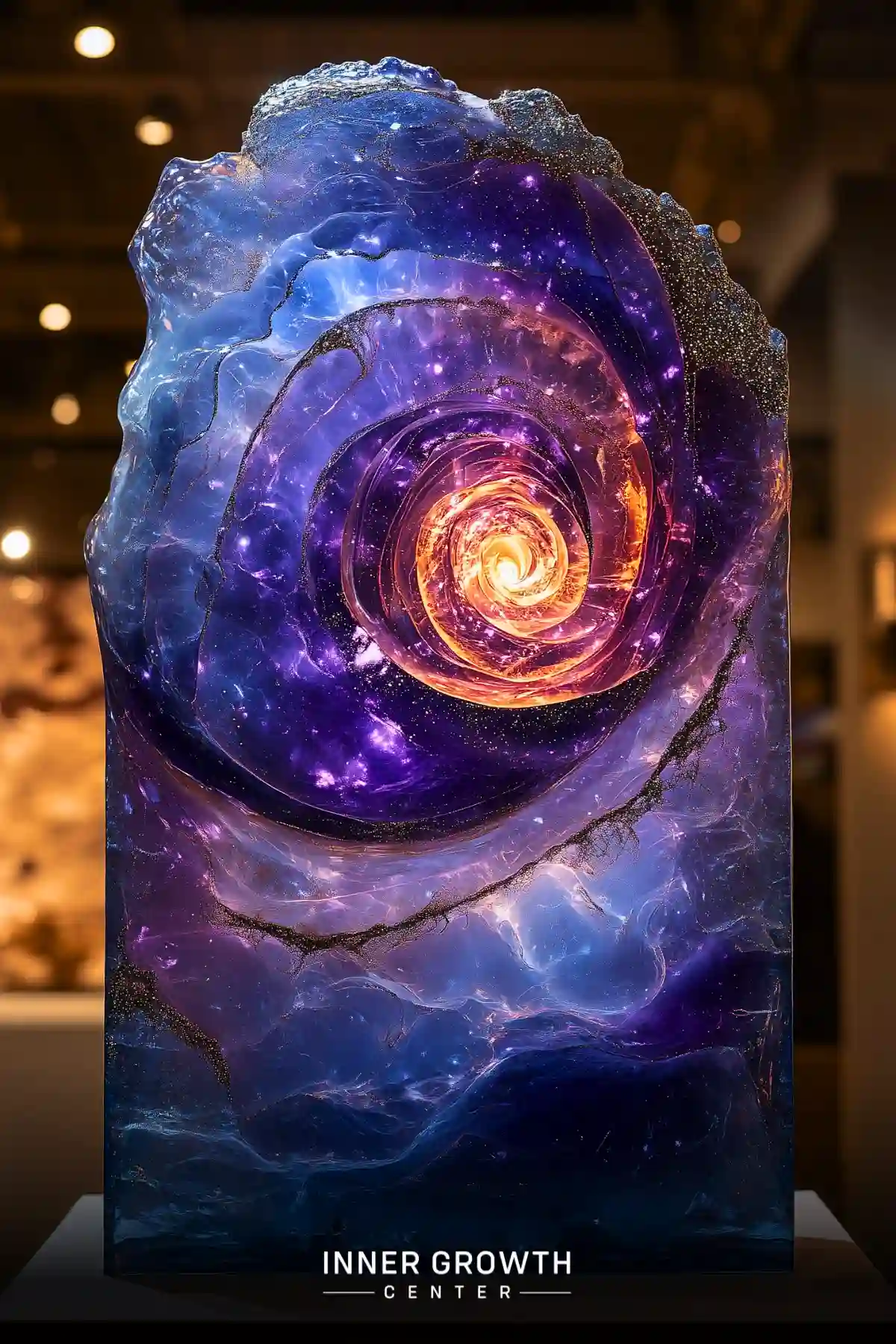 Illuminated sculpture resembling a spiral galaxy with vibrant blue, purple, and orange hues