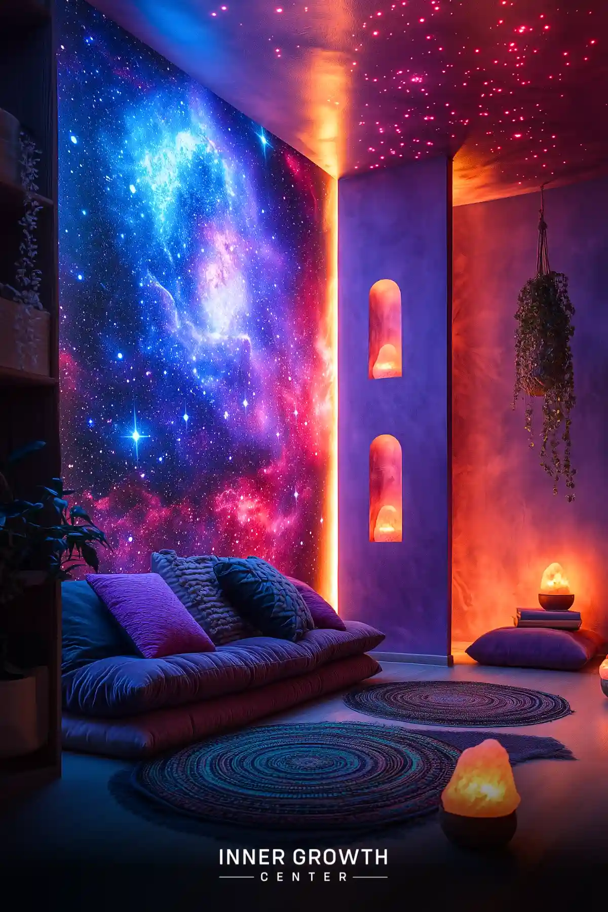 A cozy meditation space with floor cushions, galaxy wall mural, Himalayan salt lamps, circular rugs, and purple ambient lighting creating a cosmic atmosphere.