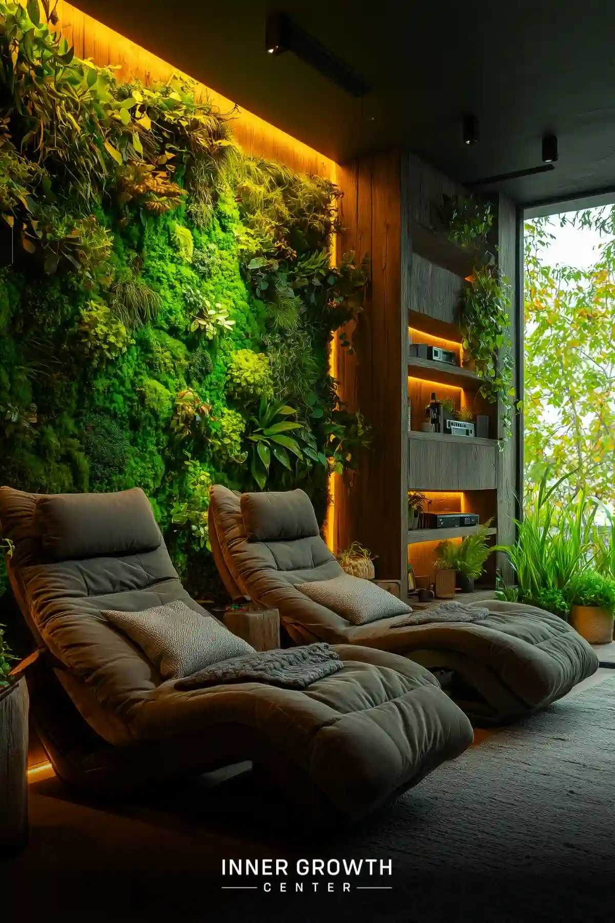 Cozy meditation space featuring two plush recliners against a lush living wall with warm ambient lighting and built-in shelving.