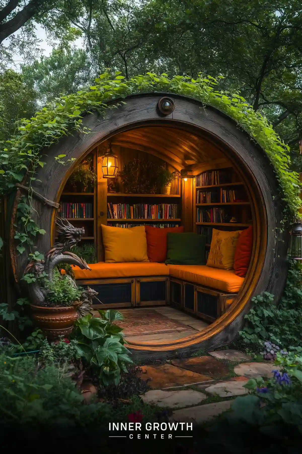 A hobbit-inspired outdoor reading nook features a circular entrance covered in climbing vines, built-in orange cushioned seating, bookshelves, lanterns, and a decorative dragon statue.