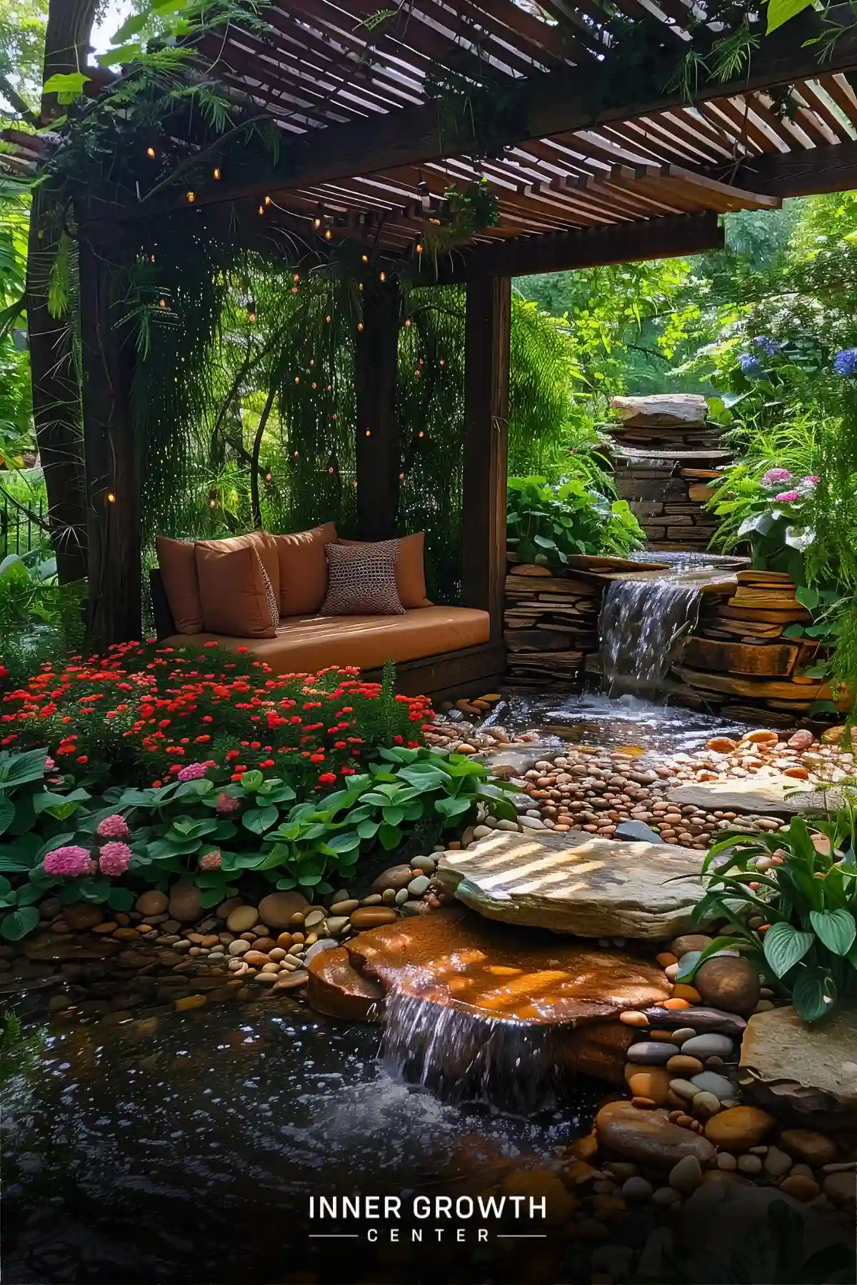 A lush garden pergola with a cozy seating area surrounded by a cascading water feature and colorful flowers.