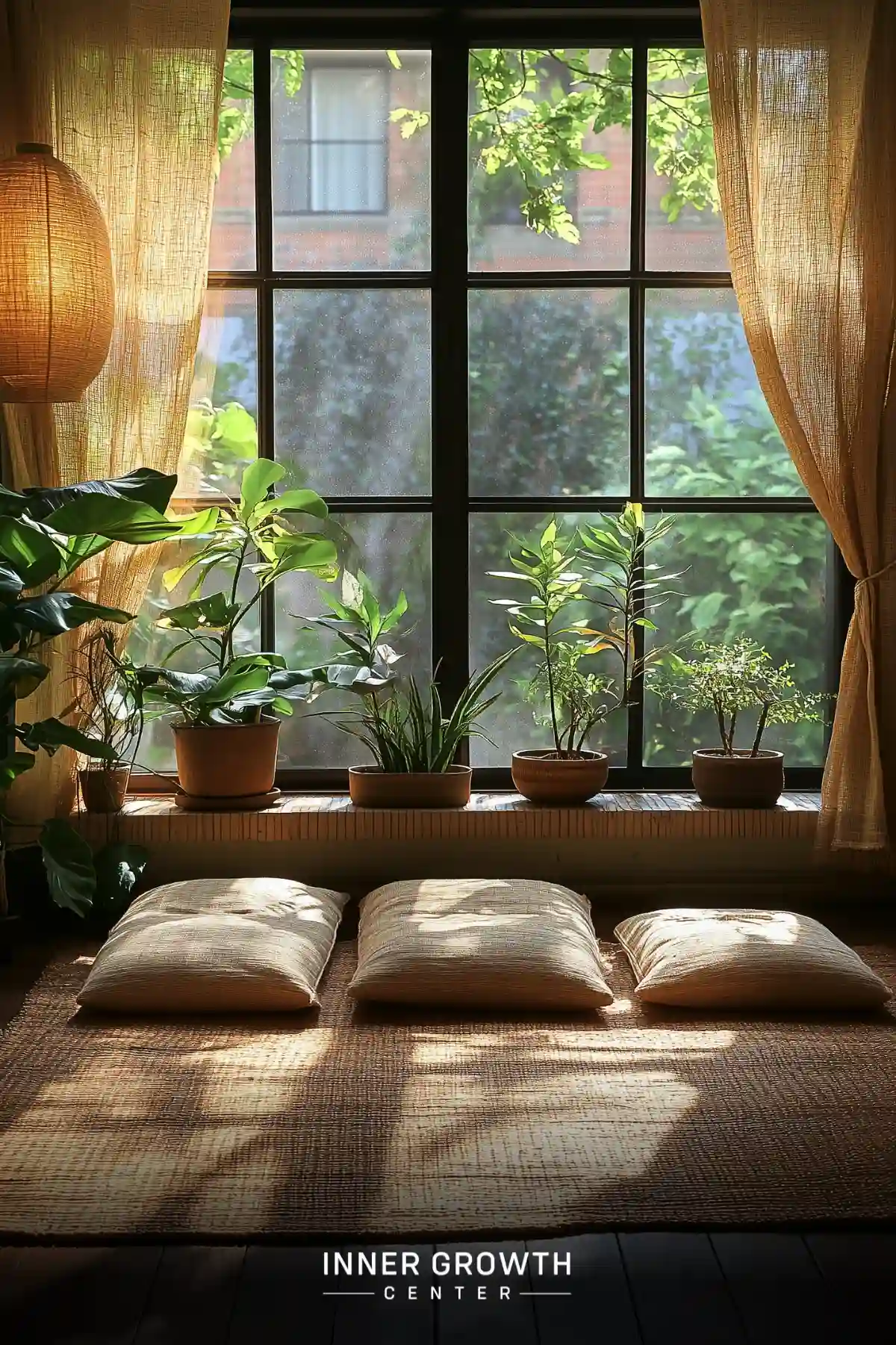 Sunlit window with potted plants and floor cushions creating a serene meditation space