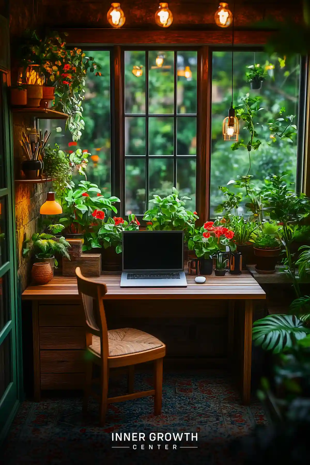 A cozy wooden desk surrounded by potted plants and warm pendant lights, creating a peaceful home office overlooking a garden view.