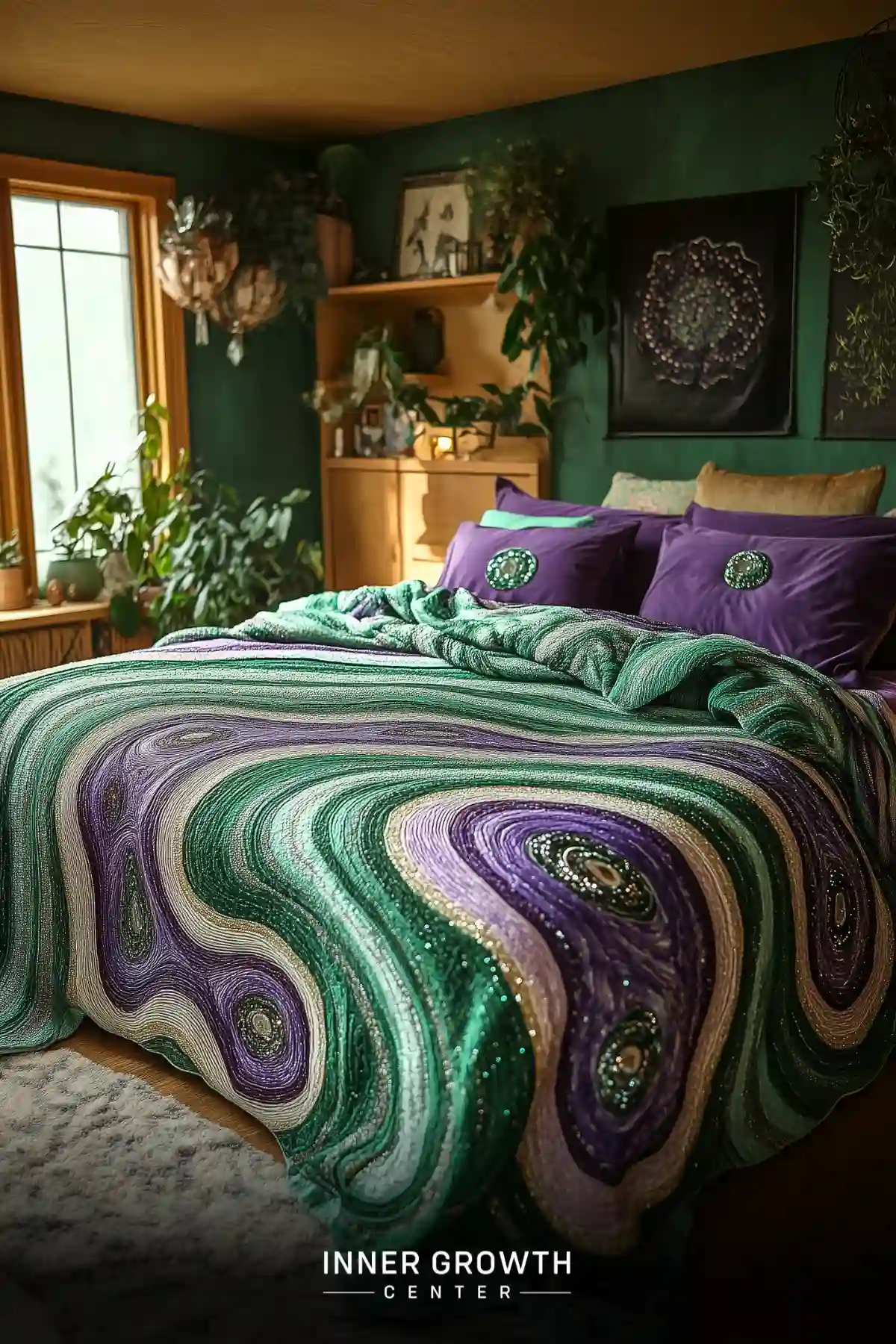 Bed with swirling green, purple, and gold quilt resembling geode patterns in a plant-filled room.