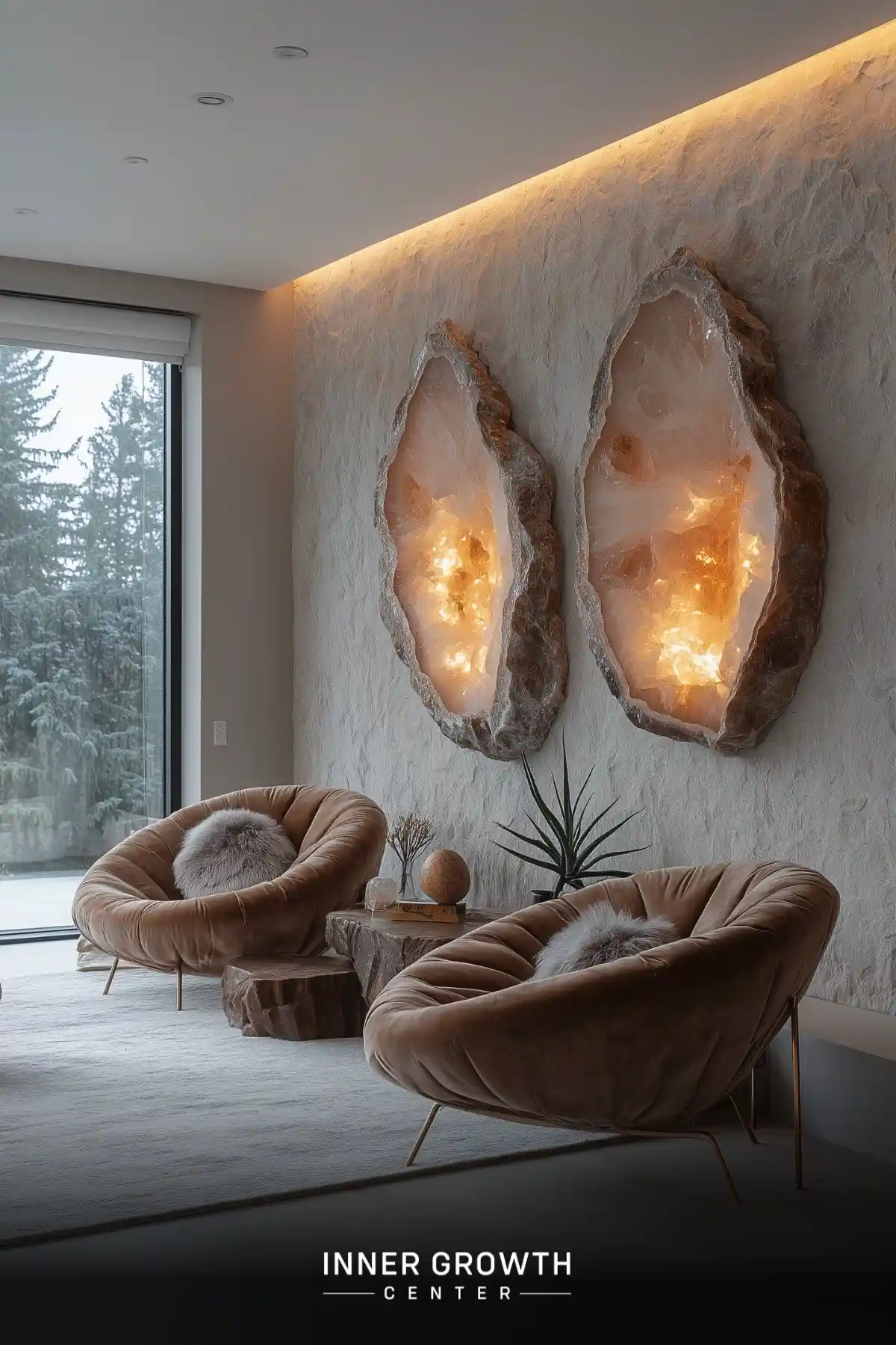 Cozy seating area with illuminated geode wall fixtures and a view of snowy trees