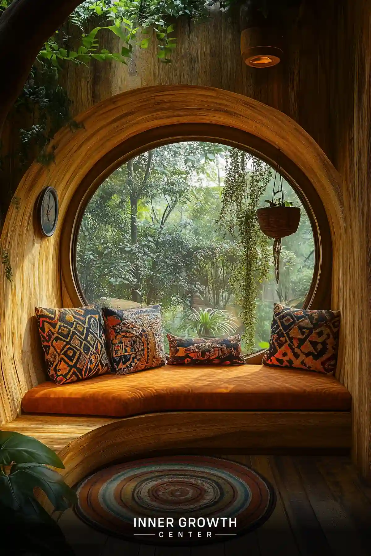 A circular wooden alcove features a large window overlooking greenery, orange velvet cushioning with tribal-patterned pillows, hanging plants, and a circular patterned rug.