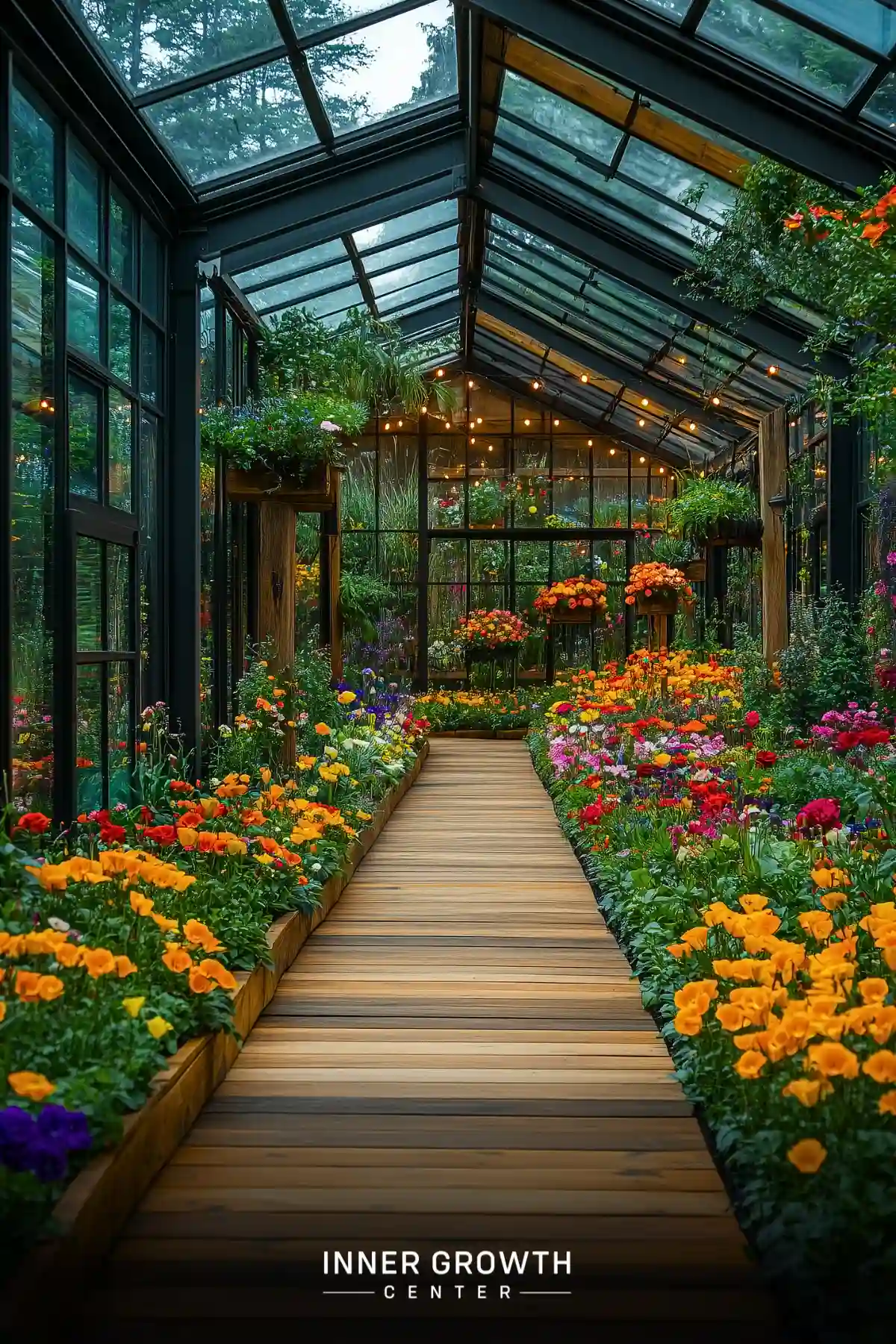 A wooden pathway winds through a modern greenhouse filled with vibrant flowers and hanging lights, creating a peaceful indoor garden retreat.