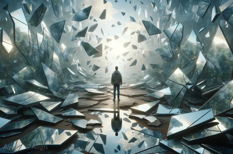 A person standing at the shattered mirror glass falls down symbolising the paradigm shift.