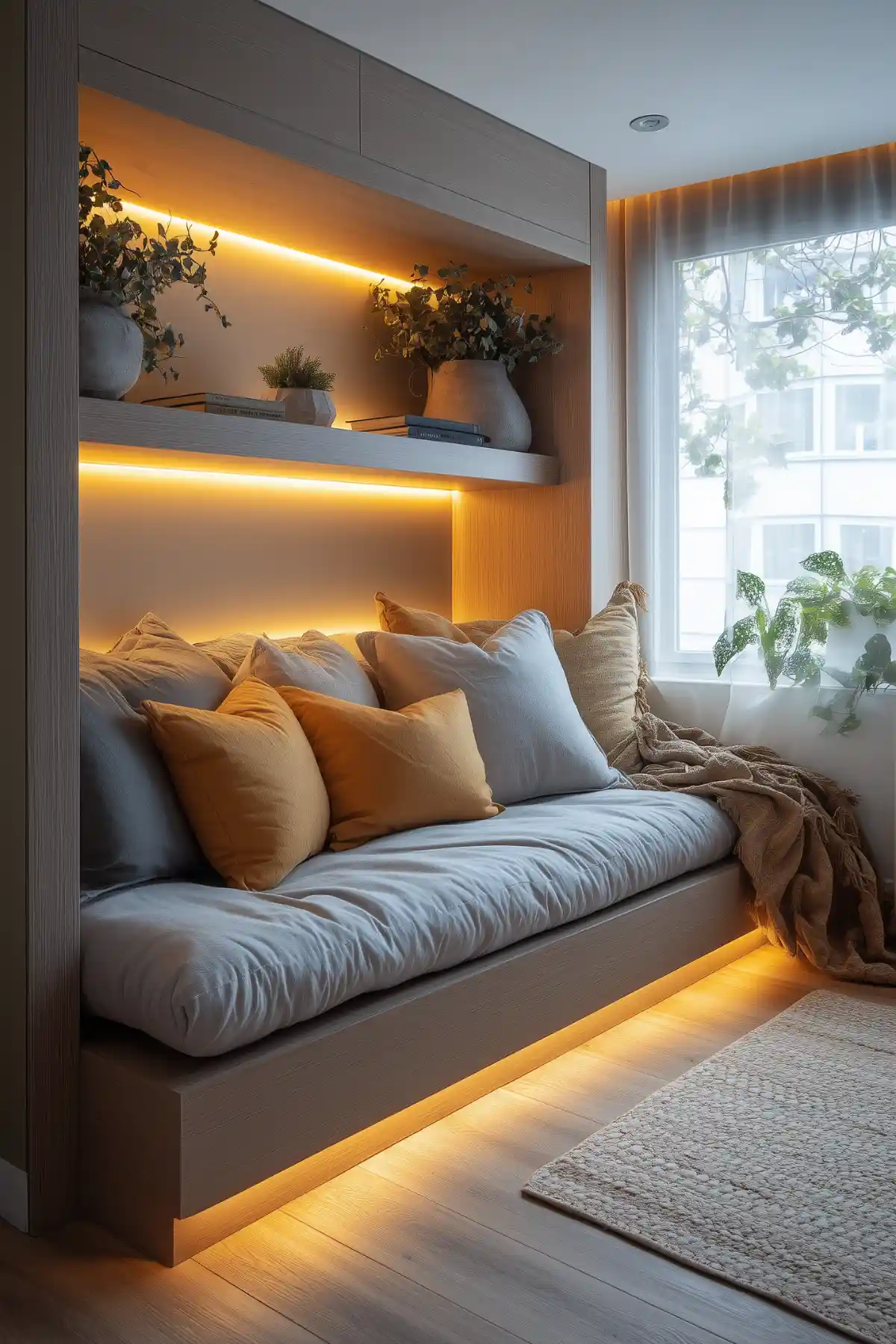 A modern built-in reading nook with layered LED lighting features white cushions, mustard pillows, and eucalyptus-filled ceramic vases on illuminated shelving.