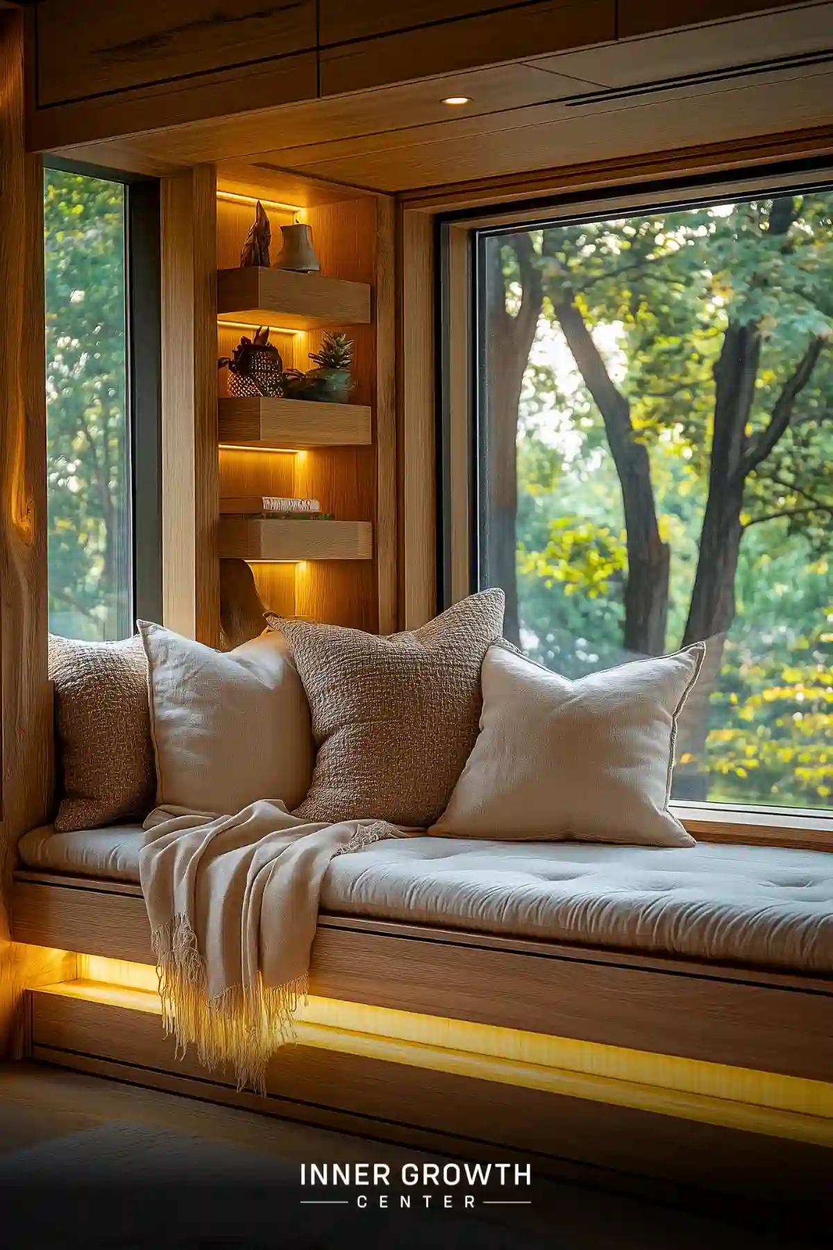 A built-in window seat with cushions and illuminated shelving overlooks a leafy forest view, creating a cozy reading nook.