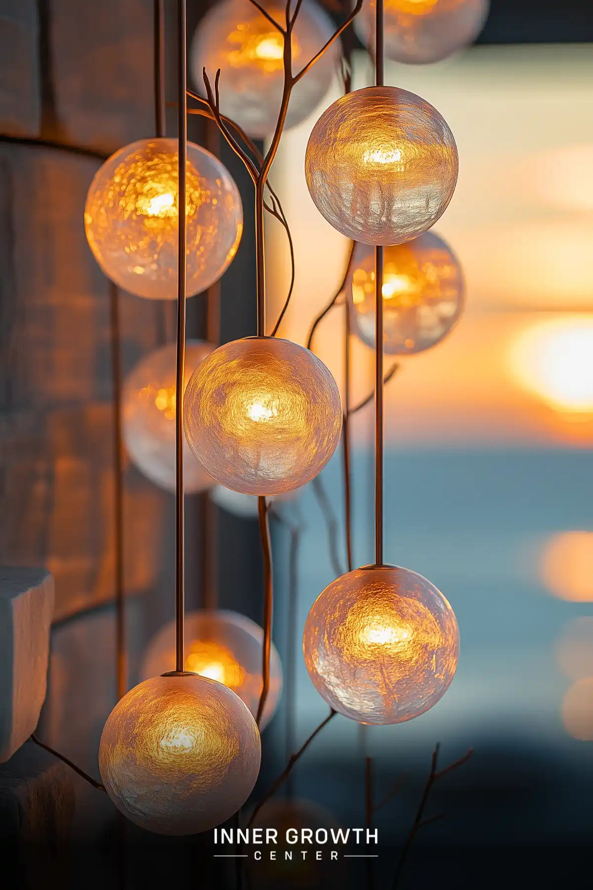 Hanging glass orb lights illuminated against a sunset backdrop