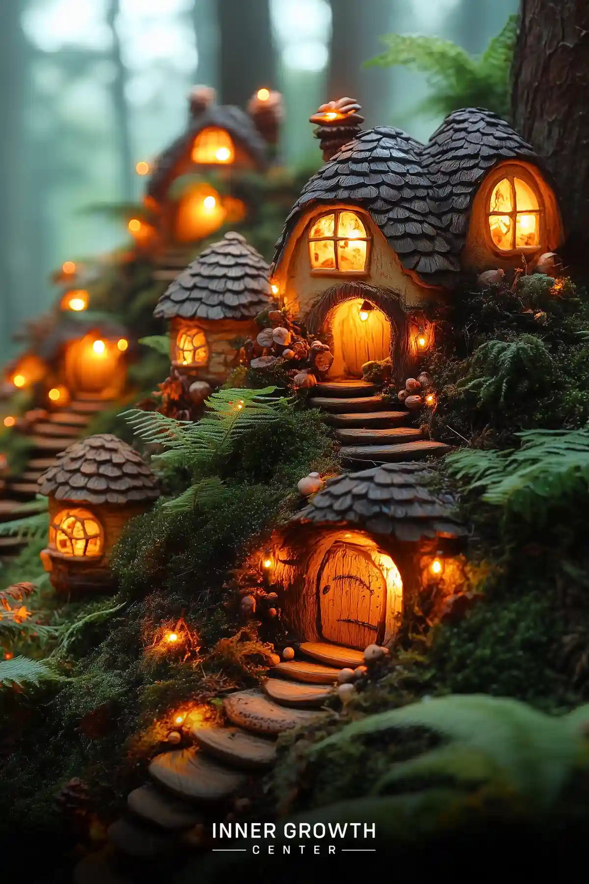 A miniature village of illuminated cottages with pine cone roofs nestled on a mossy hillside among ferns, connected by winding stone steps.