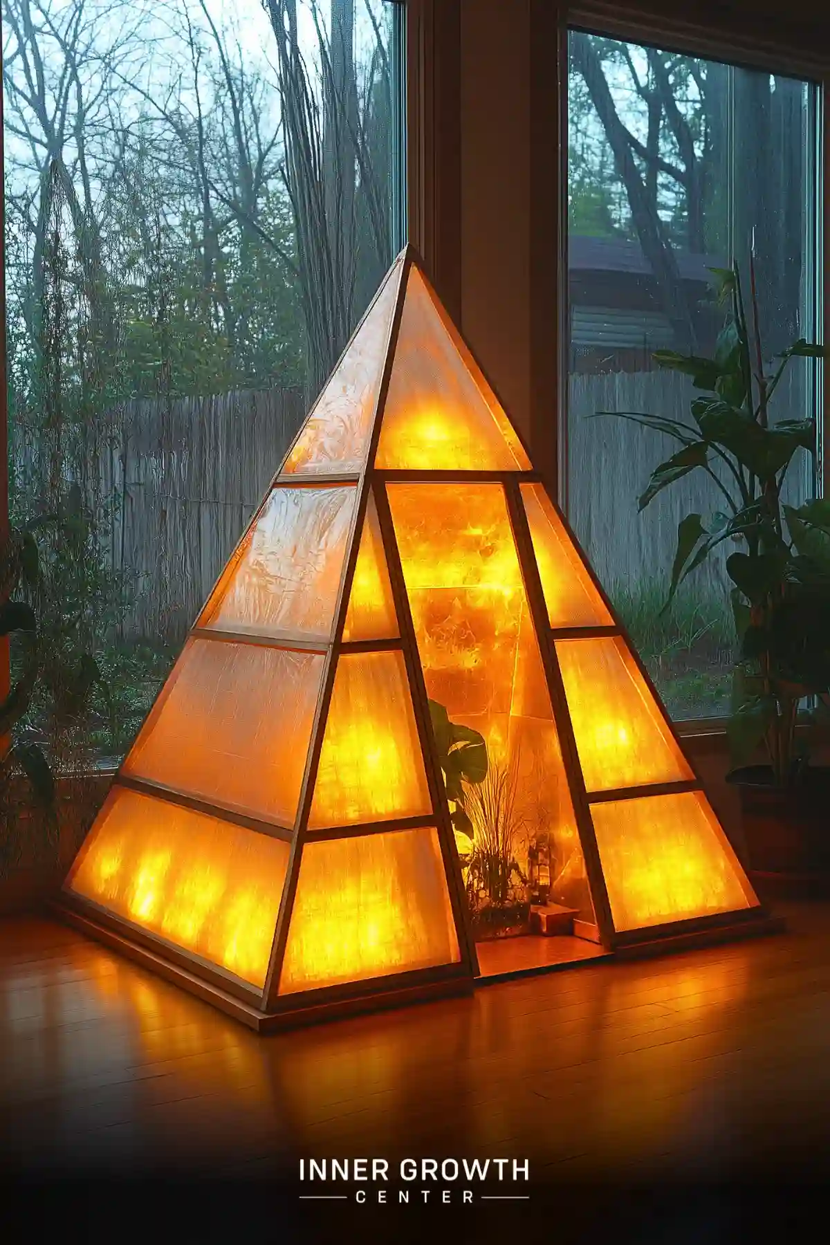 Illuminated pyramid-shaped structure with plants inside, set against a window view of trees