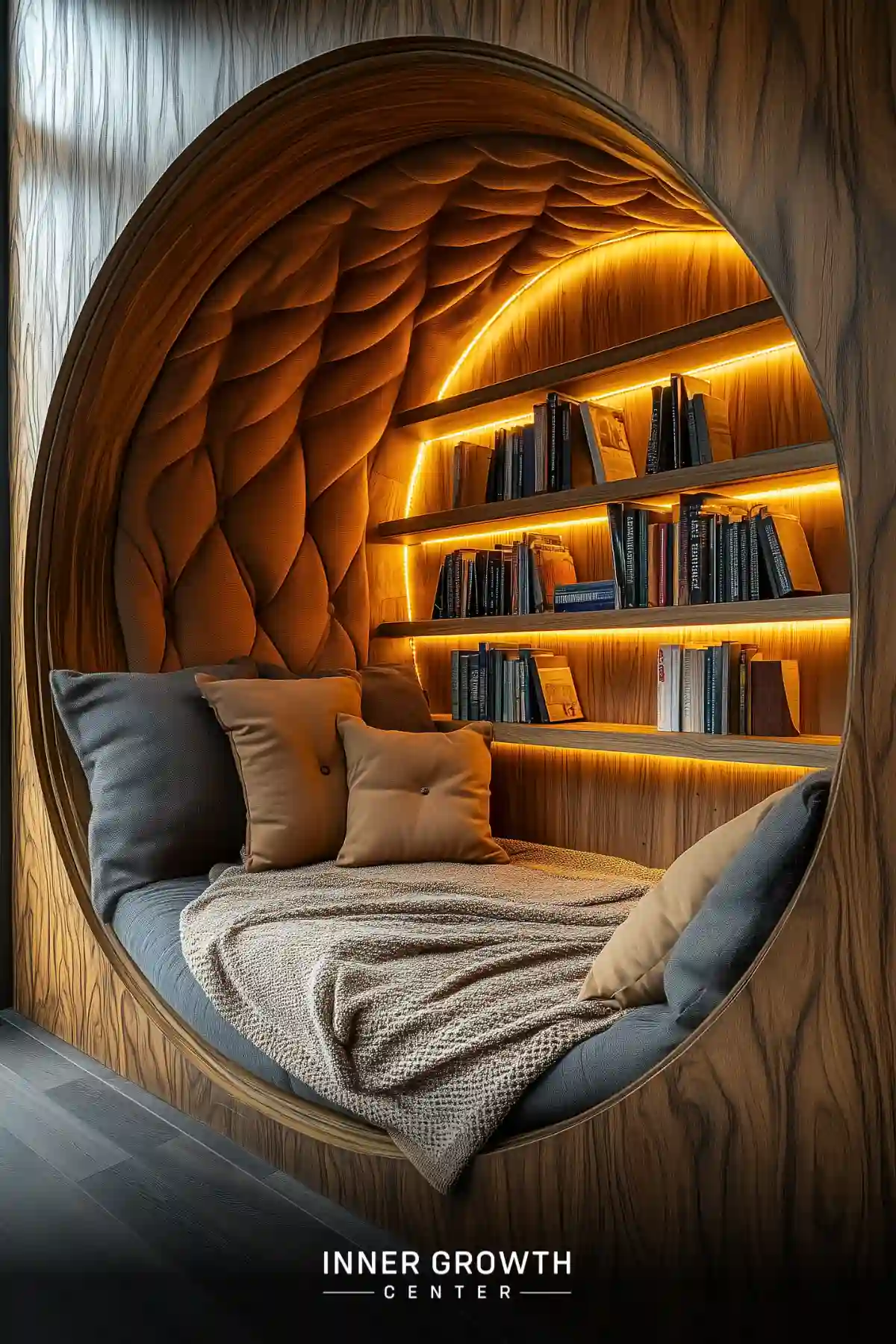 A circular wooden alcove features quilted leather wall panels, LED-backlit bookshelves, and a cushioned reading nook with gray pillows and a textured throw blanket.