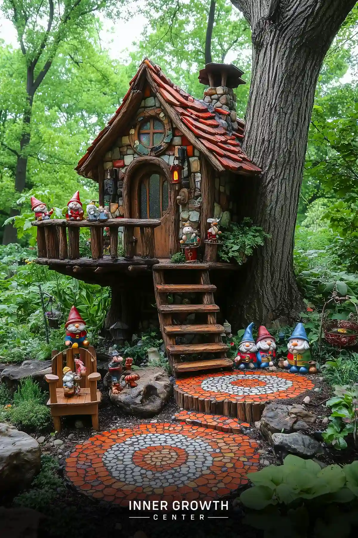 A whimsical treehouse with red tile roof and mosaic stepping stones, decorated with garden gnomes and featuring a wooden staircase leading to a balcony.