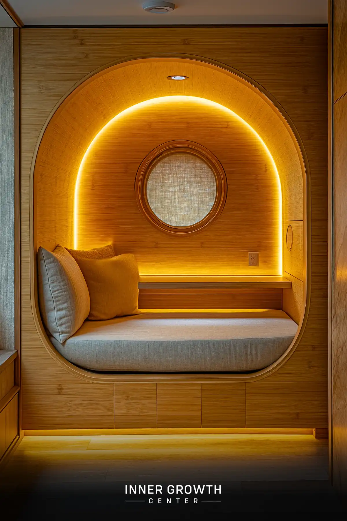 A bamboo-lined meditation nook with ambient LED lighting features a built-in cushioned seat and circular window creating a peaceful enclosed space