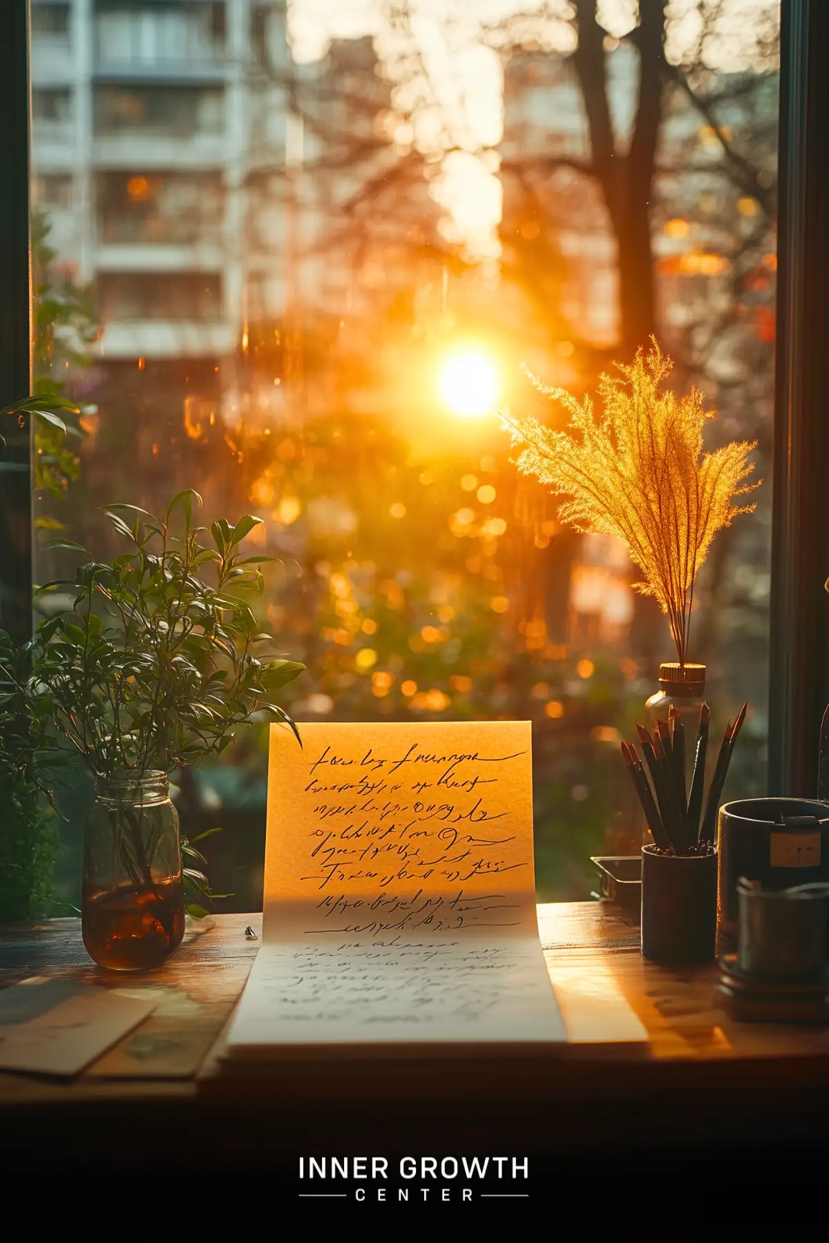 A sunlit windowsill with plants, a handwritten note, and writing materials bathed in warm sunset light.