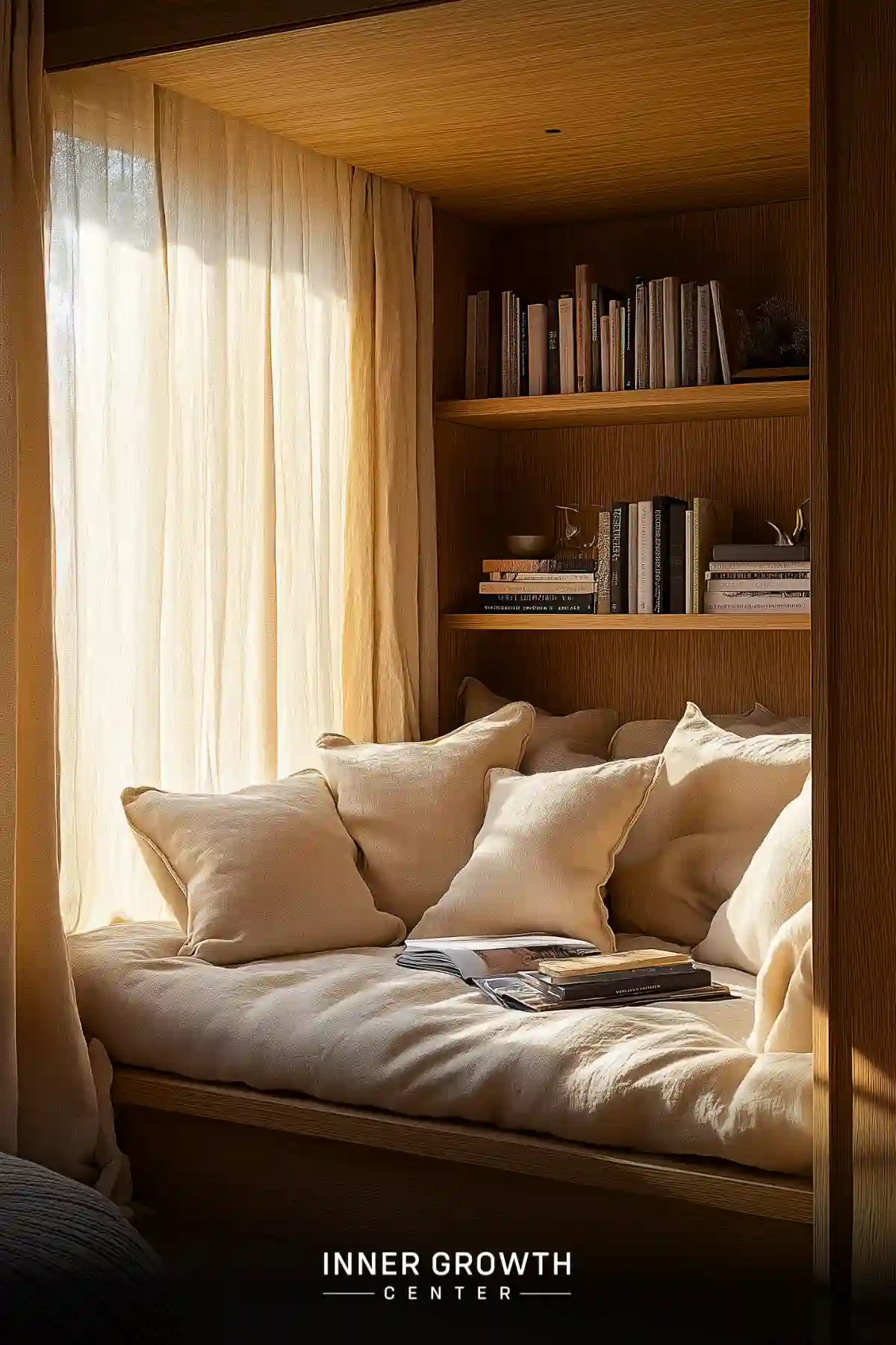 A built-in window seat features cream linen cushions and pillows, oak paneling, floating bookshelves, and sheer curtains filtering sunlight.