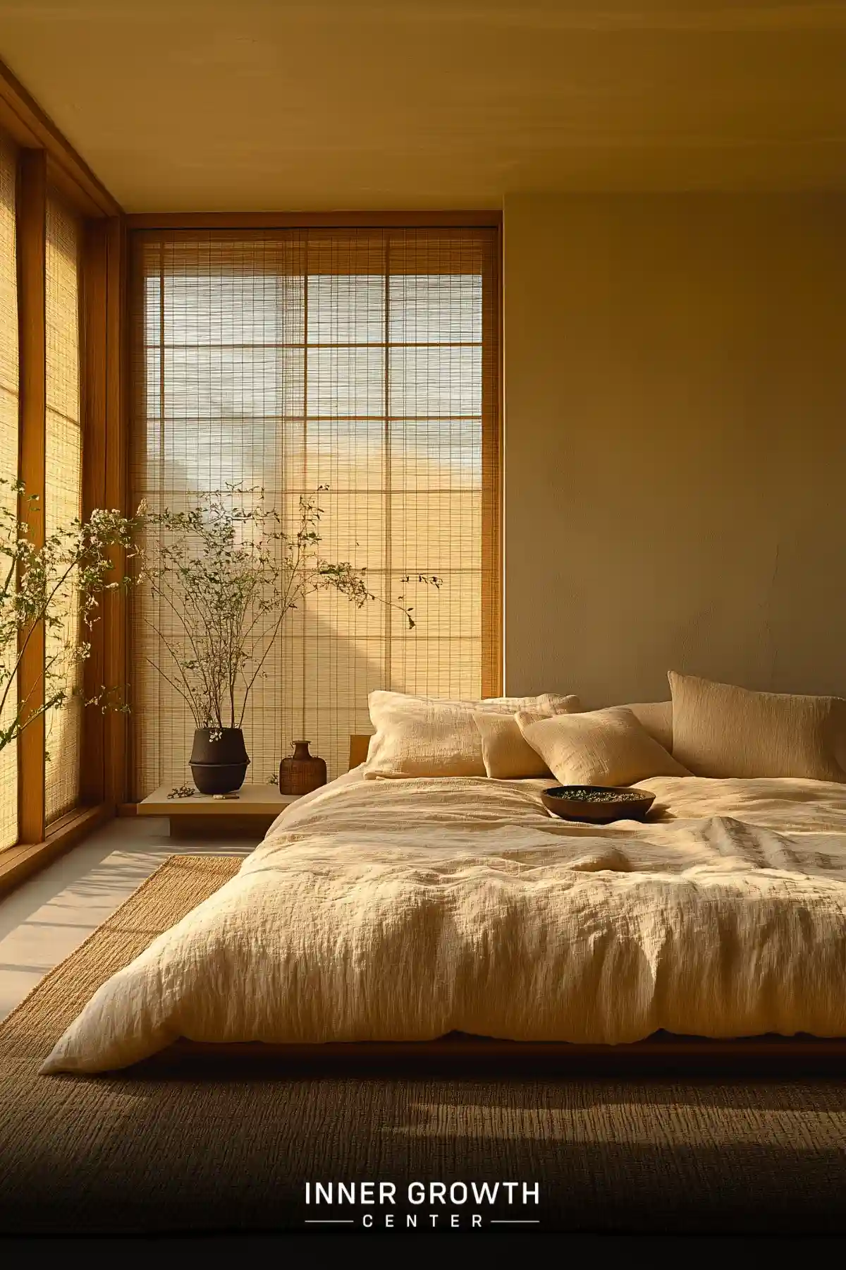 Minimalist bedroom bathed in warm light with bamboo blinds, linen bedding, and natural decor creating a serene atmosphere.