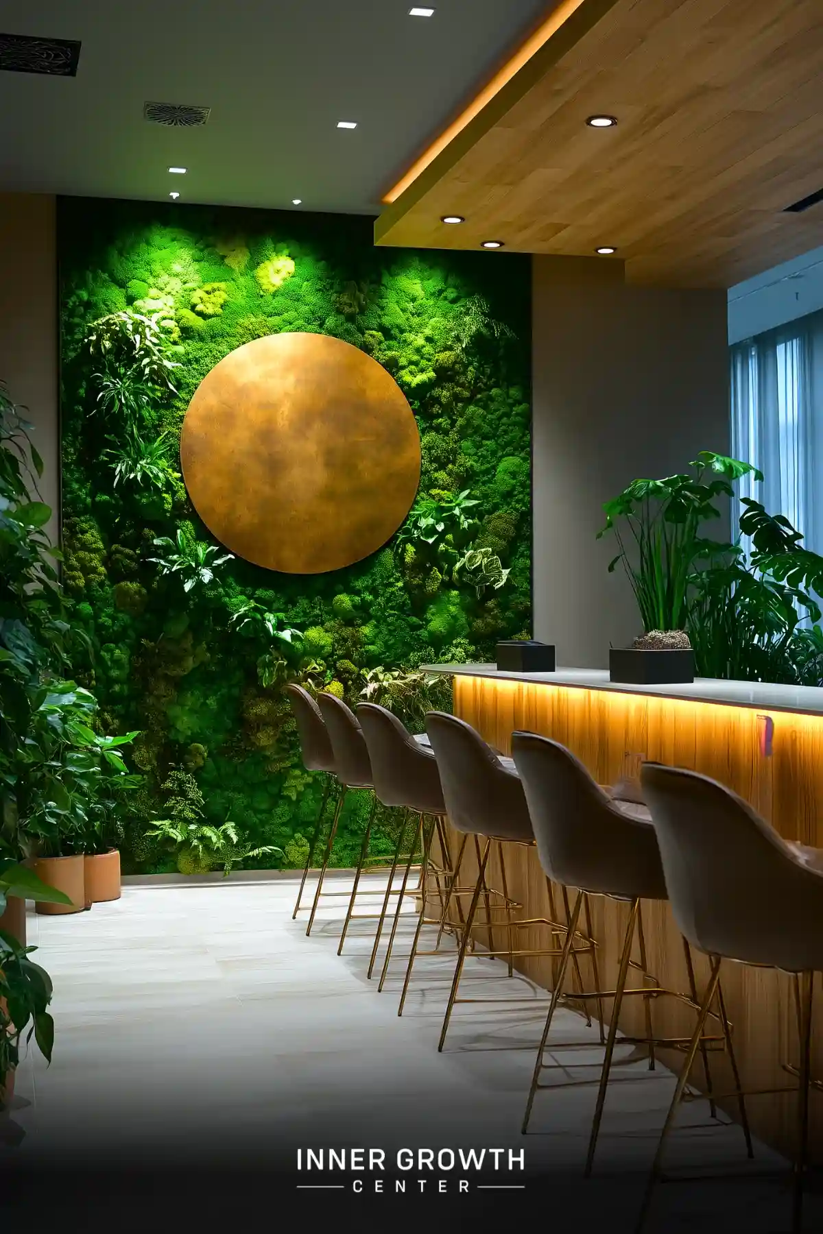 Modern bar space featuring a moss wall with large golden circular art piece, brown bar stools, and backlit wooden counter.