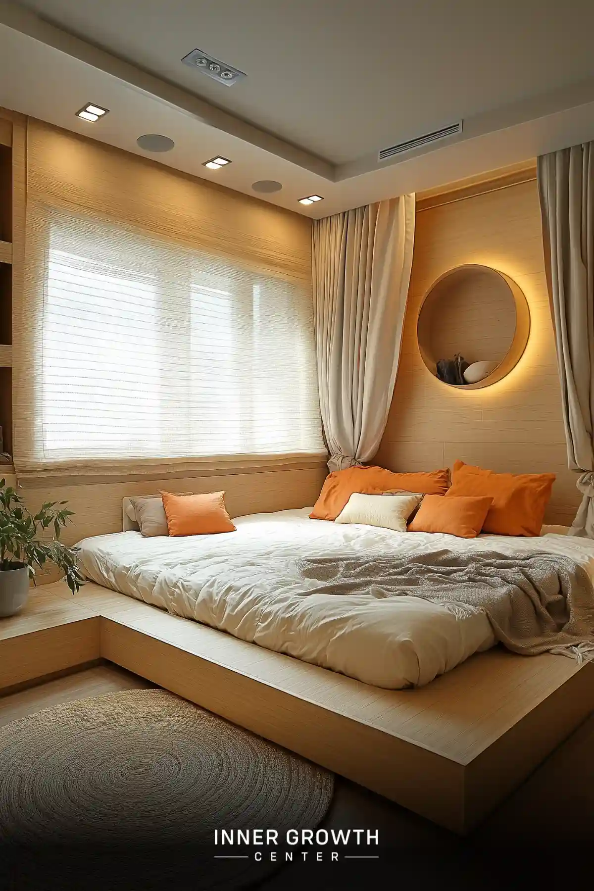 A serene bedroom with a low platform bed, warm lighting, and minimalist decor for meditation and rest.