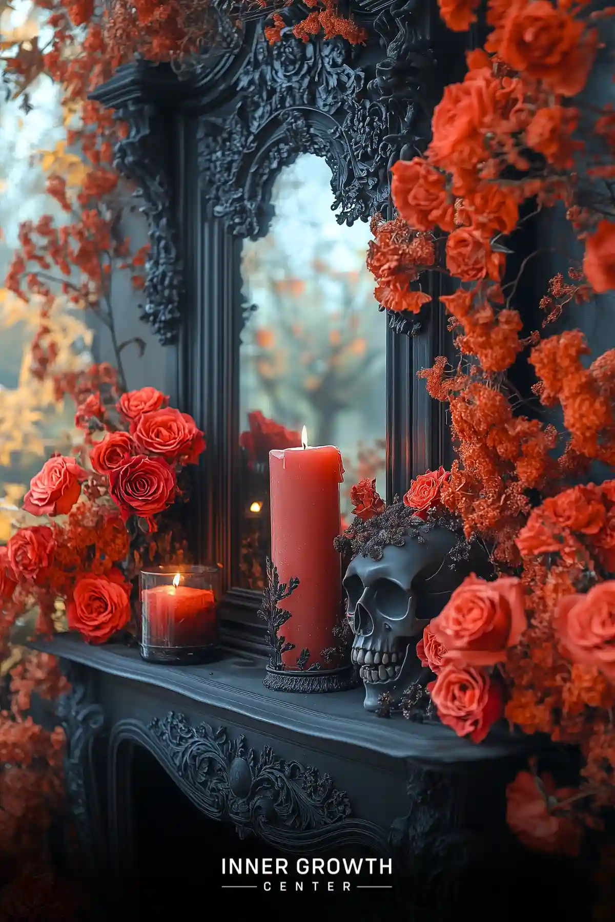 A dark gothic-style altar adorned with vibrant red roses and lit candles for spiritual practice.