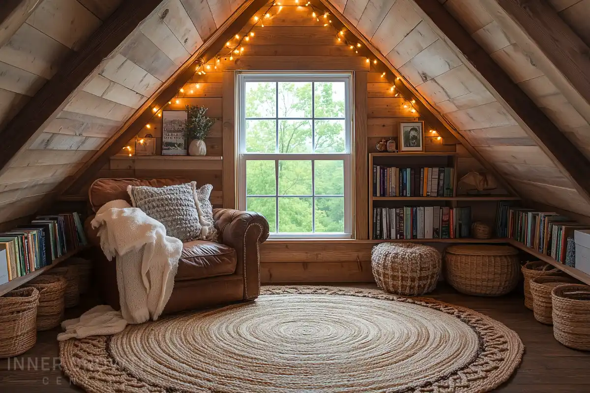 A cozy attic reading nook showcasing great reading nooks in every space.