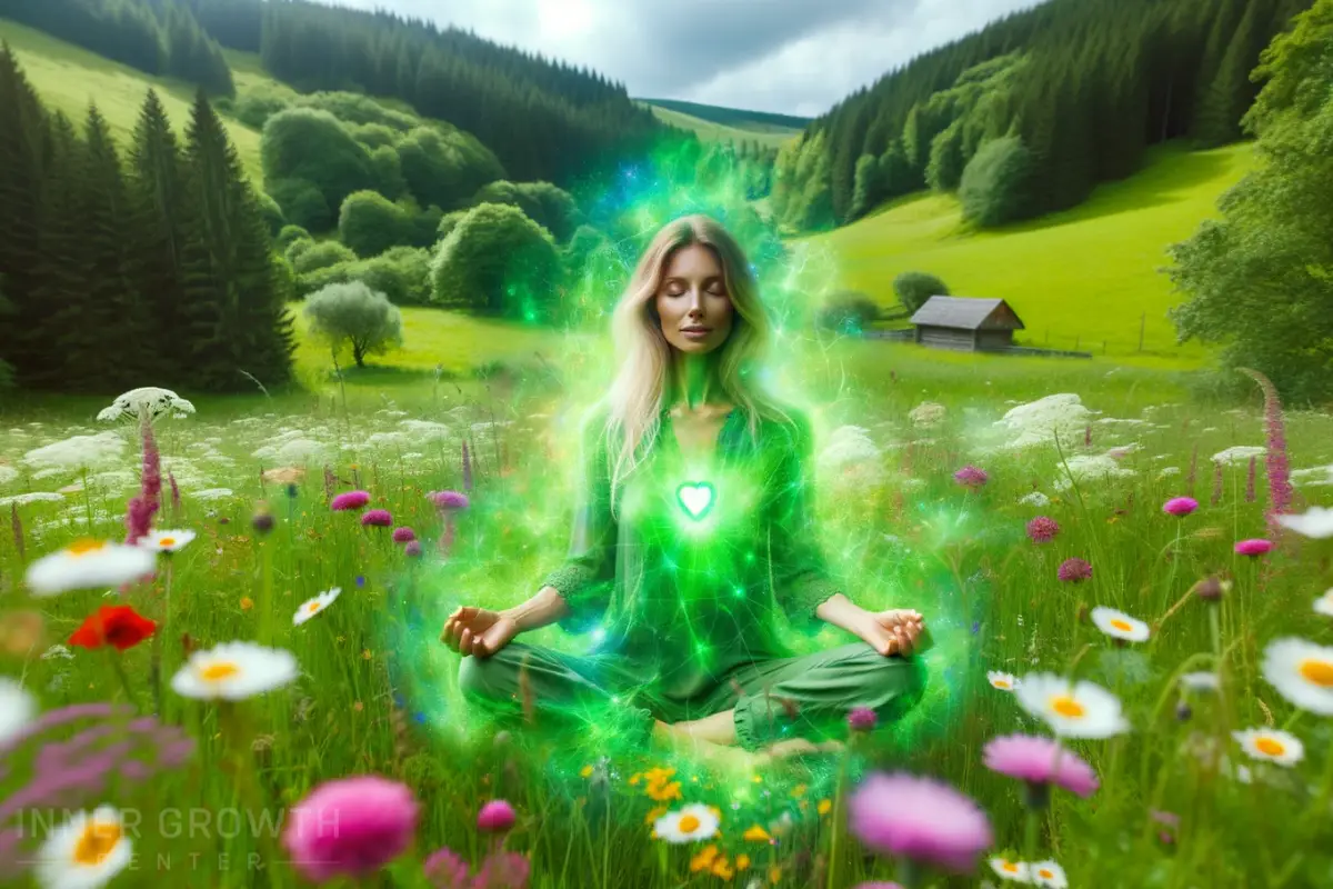 A woman meditating on a field with a green aura.