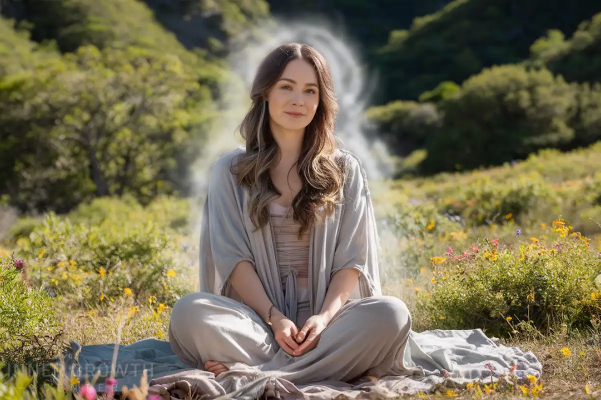 A woman sitting with a grey aura.