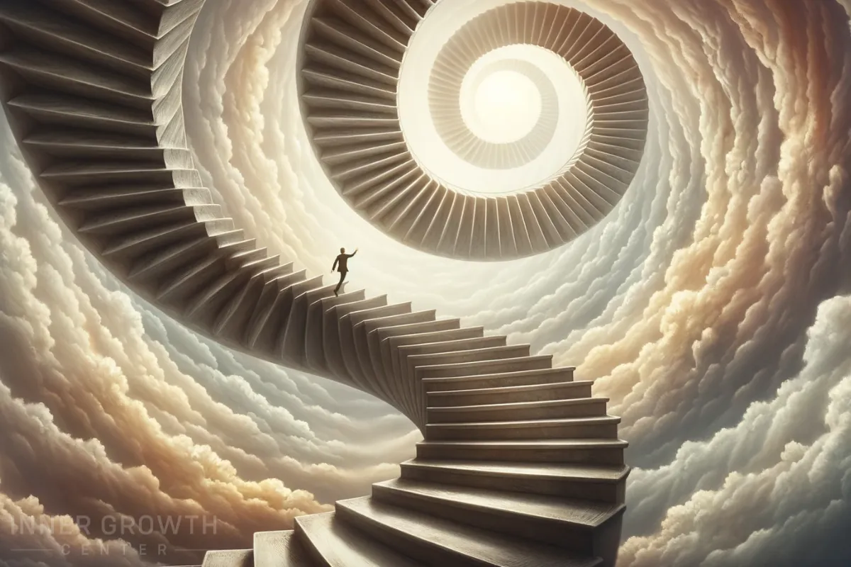 A man walks up a spiral staircase growing upwards but not always forwards.