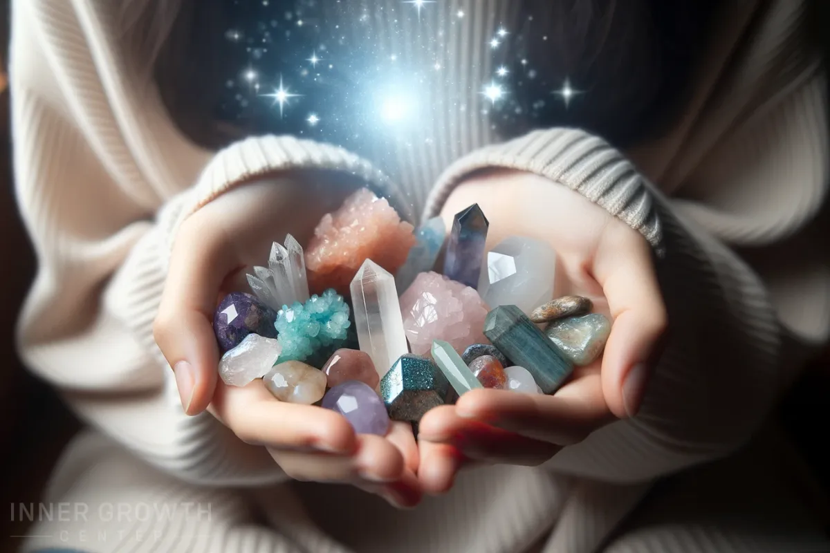 A woman holds a handful of crystals