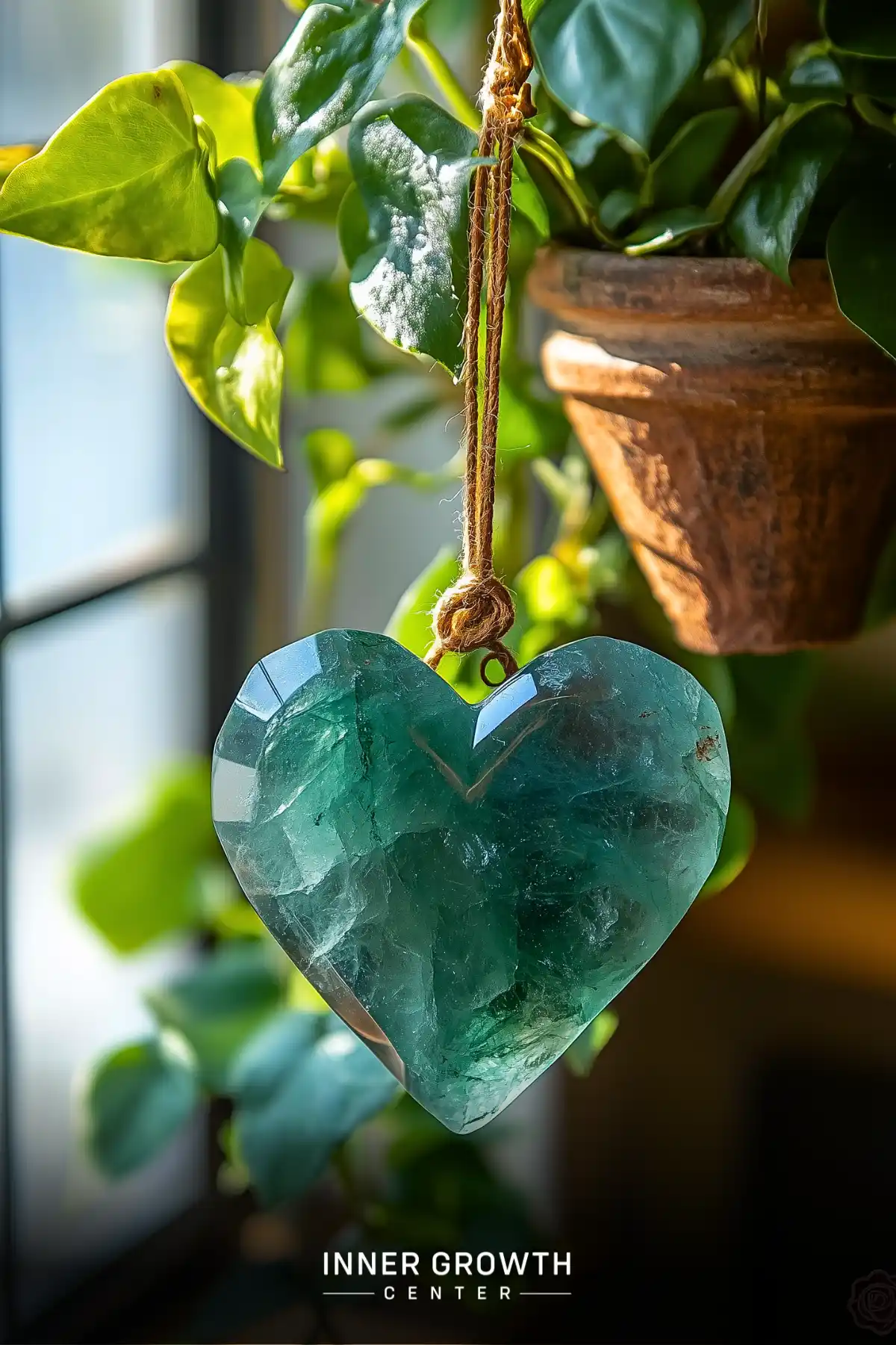 A translucent green fluorite crystal heart pendant hangs from twine near a terracotta pot with vibrant houseplants in natural window light.