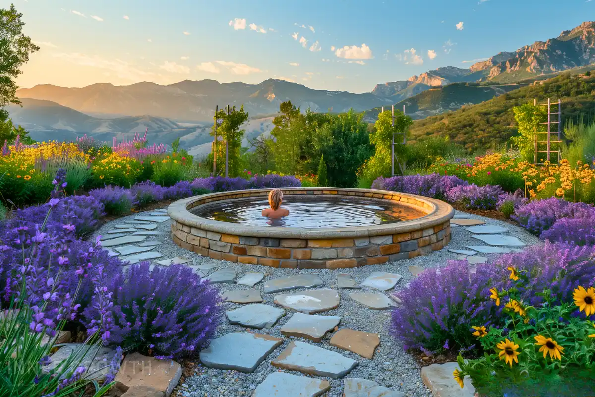 A woman in a circular pool surrounded by a healing garden.