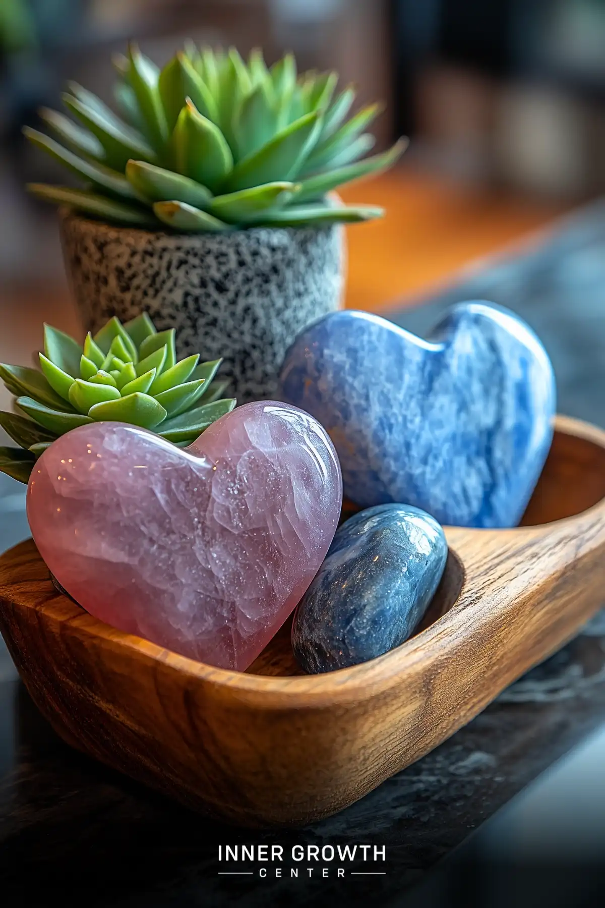 Heart-shaped rose quartz and blue sodalite crystals rest in a wooden bowl alongside succulents in a speckled pot, creating a harmonious display.