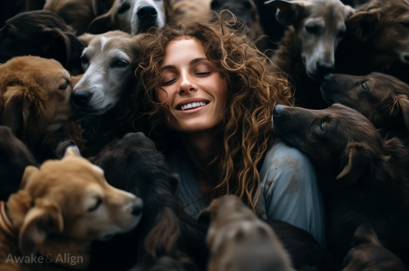 A woman surrounded by dogs showing affection, symbolising a heart soul spirit.